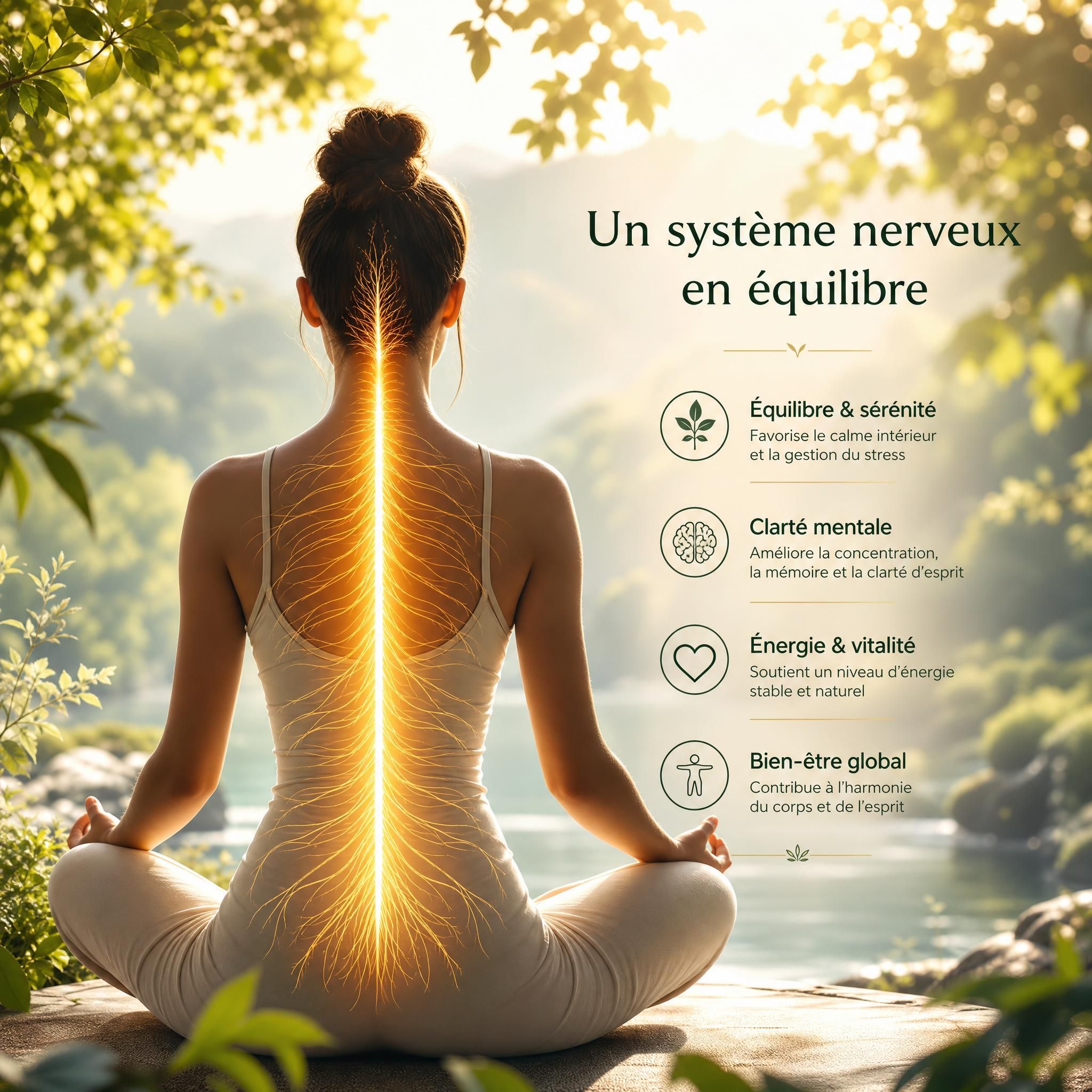 Illustration apaisante d'un système nerveux en équilibre — femme en position assise, lumière dorée traversant la colonne vertébrale, fond nature doux, tons verts et dorés