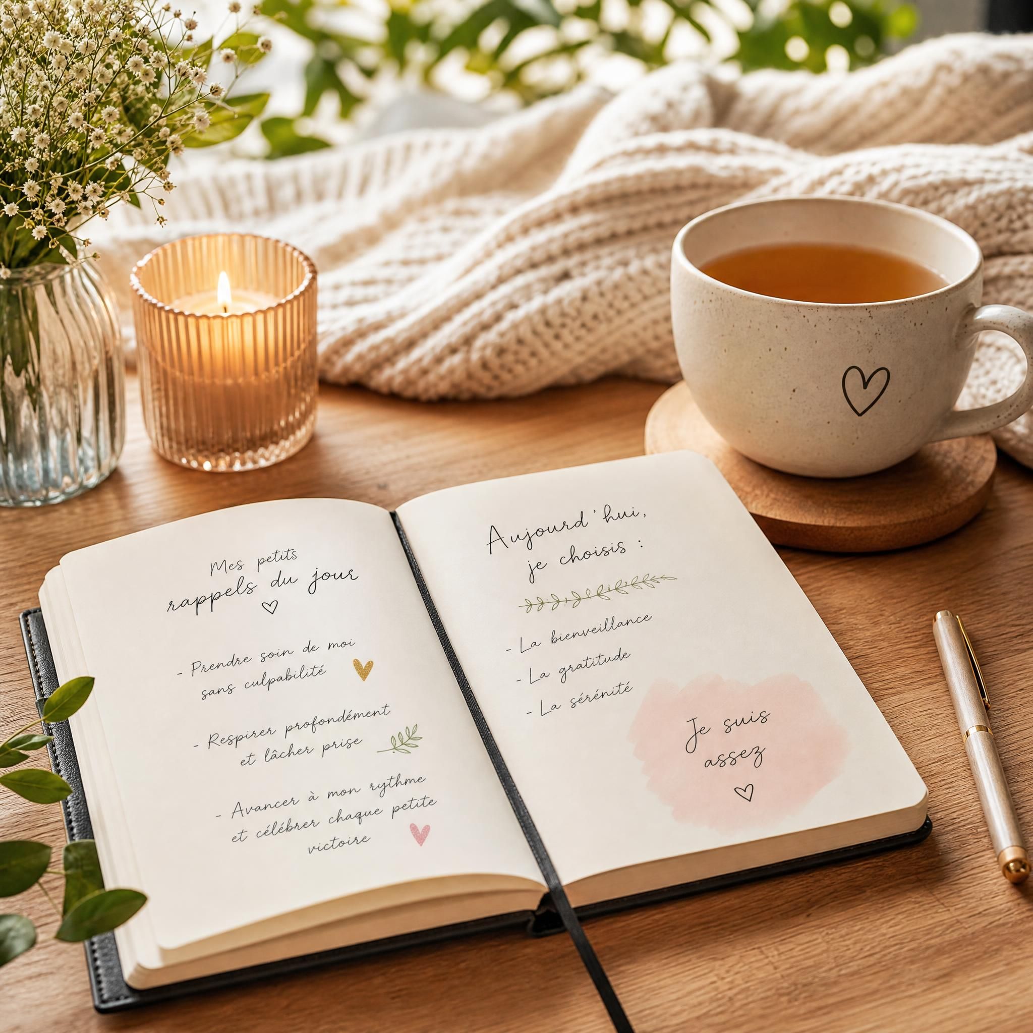 Carnet ouvert avec quelques notes manuscrites bienveillantes posé sur une table en bois avec une tasse de thé, ambiance douce et chaleureuse, symbolisant le rituel de bien-être quotidien