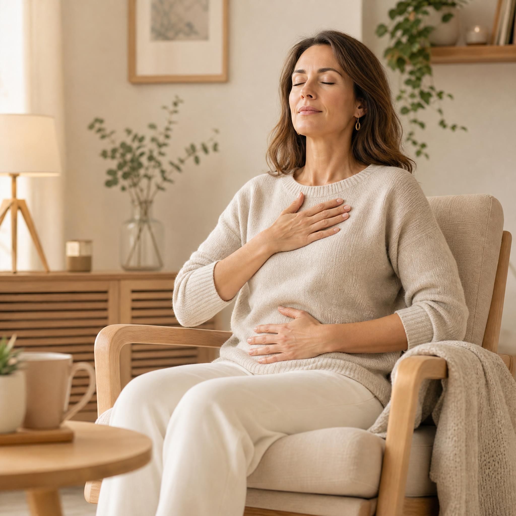 Femme d'environ 40 ans, yeux fermés, visage serein, assise dans un fauteuil confortable, pratiquant un exercice de respiration profonde dans un espace chaleureux aux tons beiges et bois clair