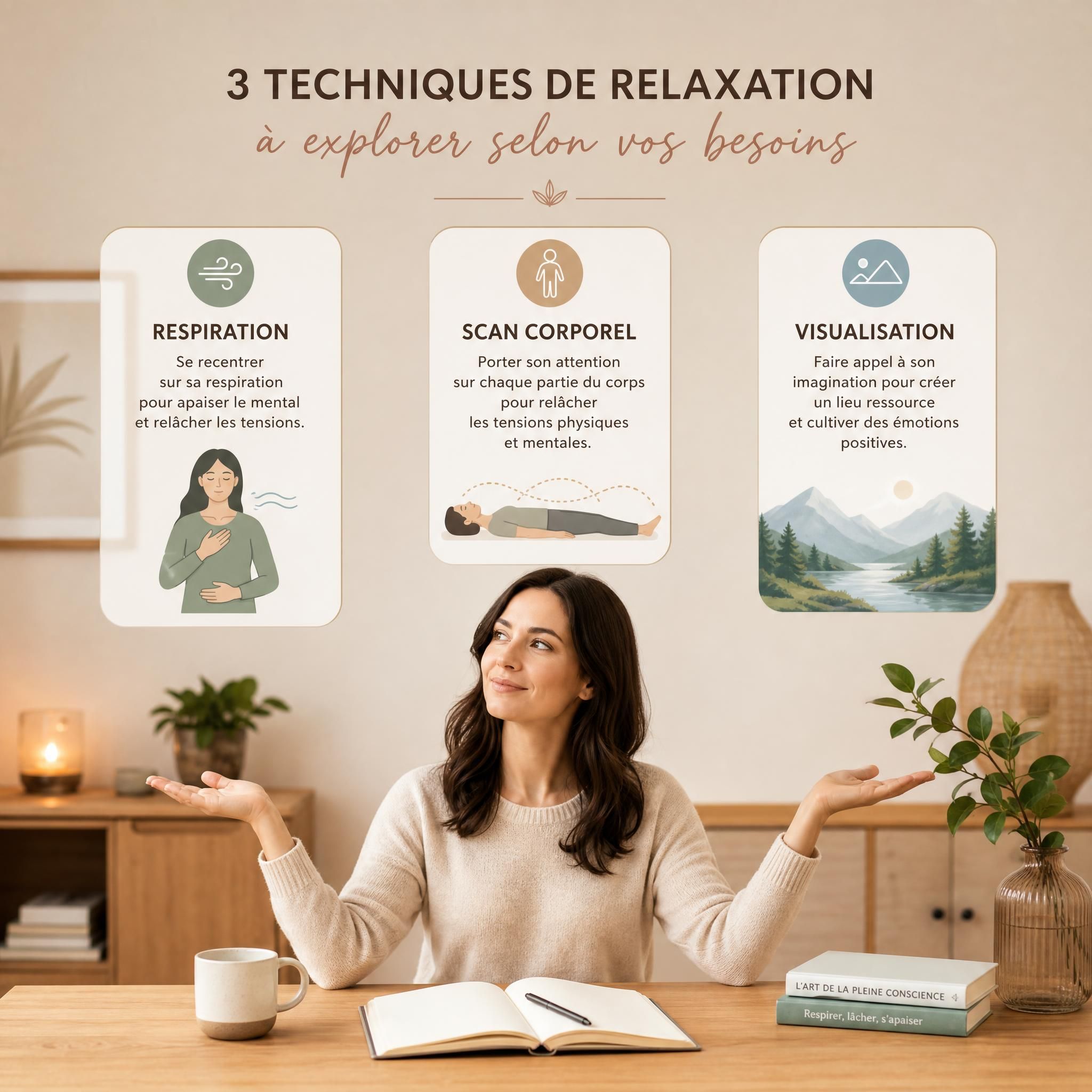 Femme sereine comparant différentes techniques de relaxation — respiration, scan corporel, visualisation — dans un espace intérieur chaleureux aux tons beige et bois clair