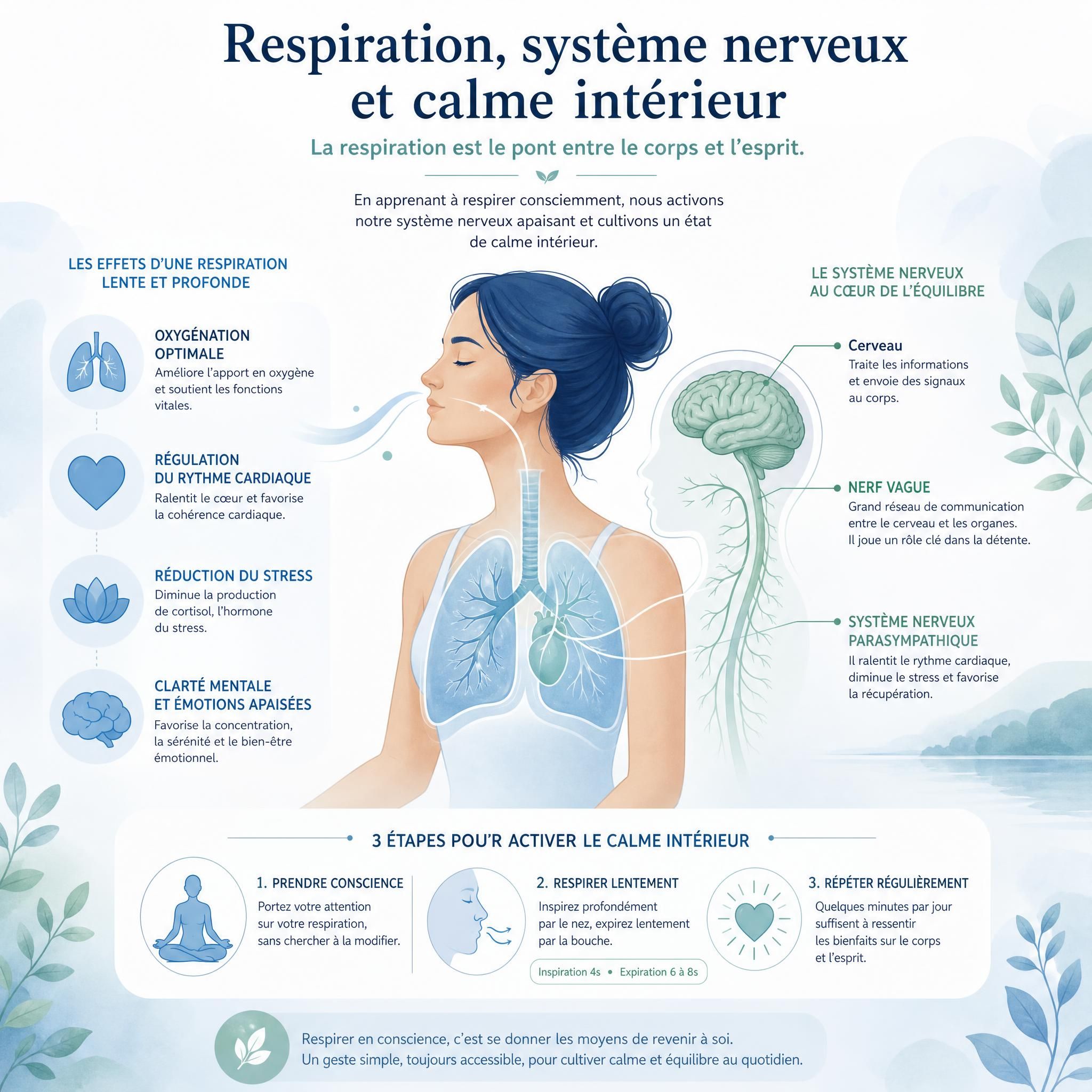 Illustration scientifique douce montrant le lien entre respiration, système nerveux et calme intérieur, style infographie épurée aux tons bleus et verts apaisants