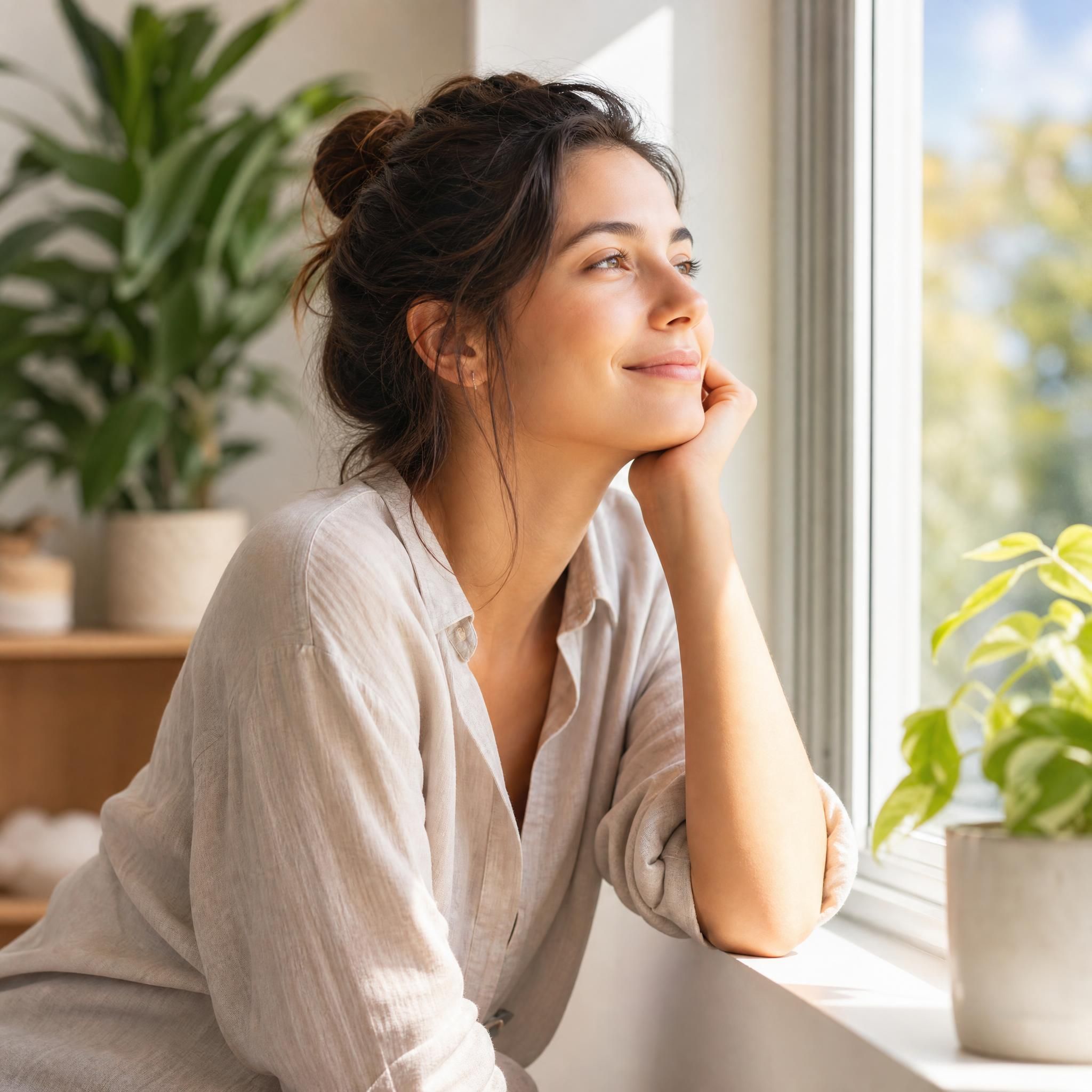 Femme regardant par une fenêtre ensoleillée, expression sereine et apaisée, lumière naturelle douce, plante verte en arrière-plan, ambiance de bien-être et d'équilibre intérieur