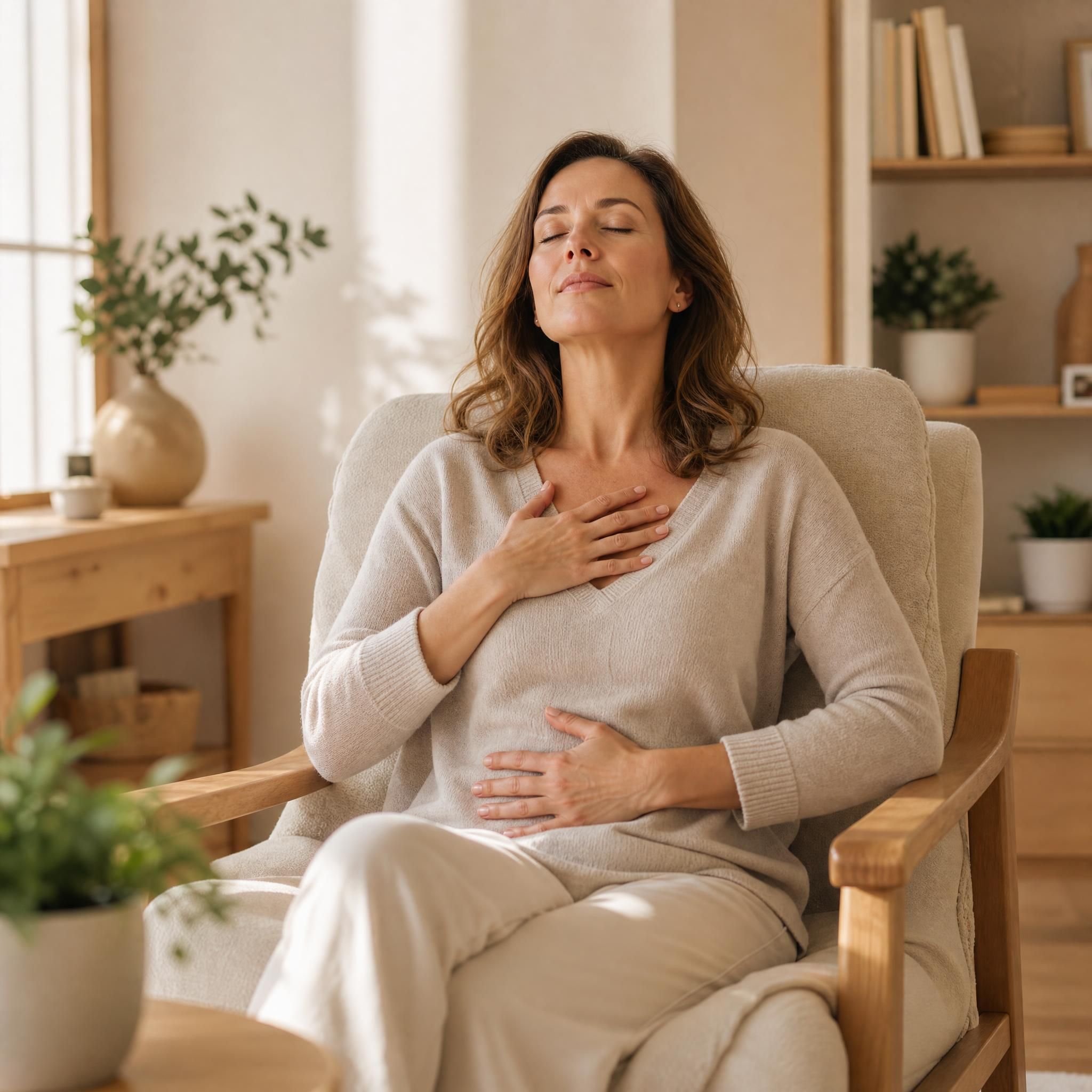 Femme d'environ 40 ans, yeux fermés, visage serein, assise dans un fauteuil confortable, pratiquant un exercice de respiration profonde dans un intérieur chaleureux aux tons beige et bois clair, lumière naturelle douce