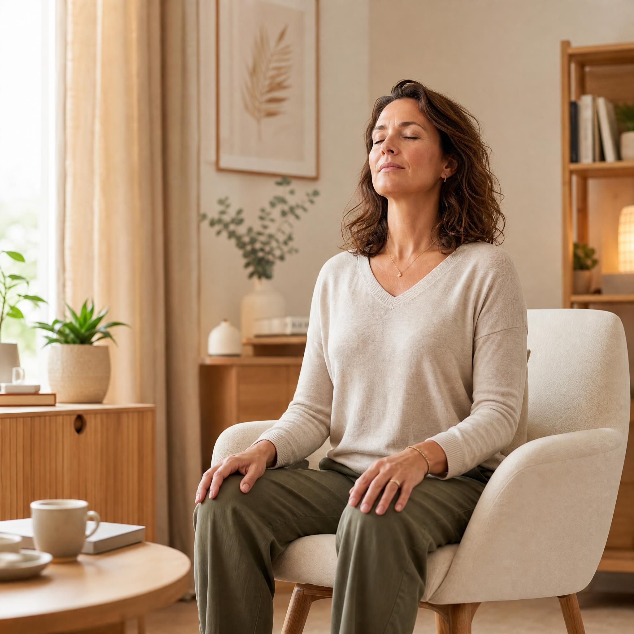 Femme d'environ 40 ans, yeux fermés, visage serein, assise dans un fauteuil confortable, mains posées sur les genoux, pratiquant un exercice de respiration profonde dans un espace chaleureux aux tons beige et bois clair, lumière naturelle douce