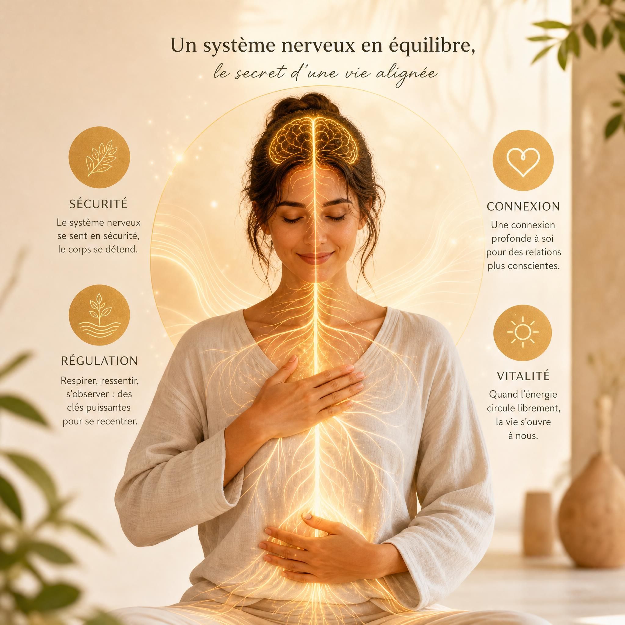 Illustration douce d'un système nerveux en équilibre — deux mains posées sur la poitrine et le ventre, lumière dorée, ambiance apaisante et somatique