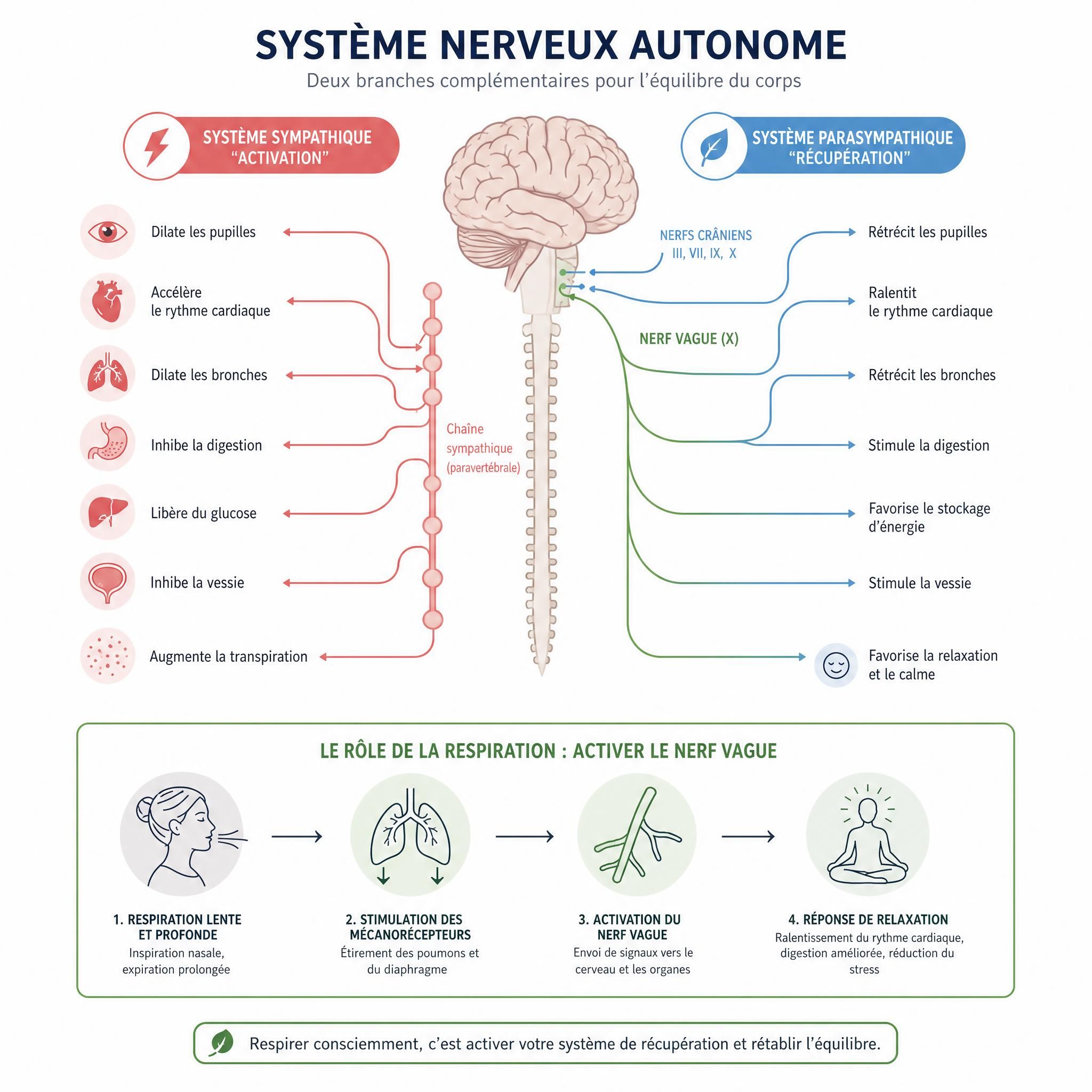 Illustration schématique du système nerveux autonome montrant les deux branches sympathique et parasympathique, avec des flèches indiquant l'effet de la respiration sur l'activation du nerf vague, style infographique épuré sur fond blanc