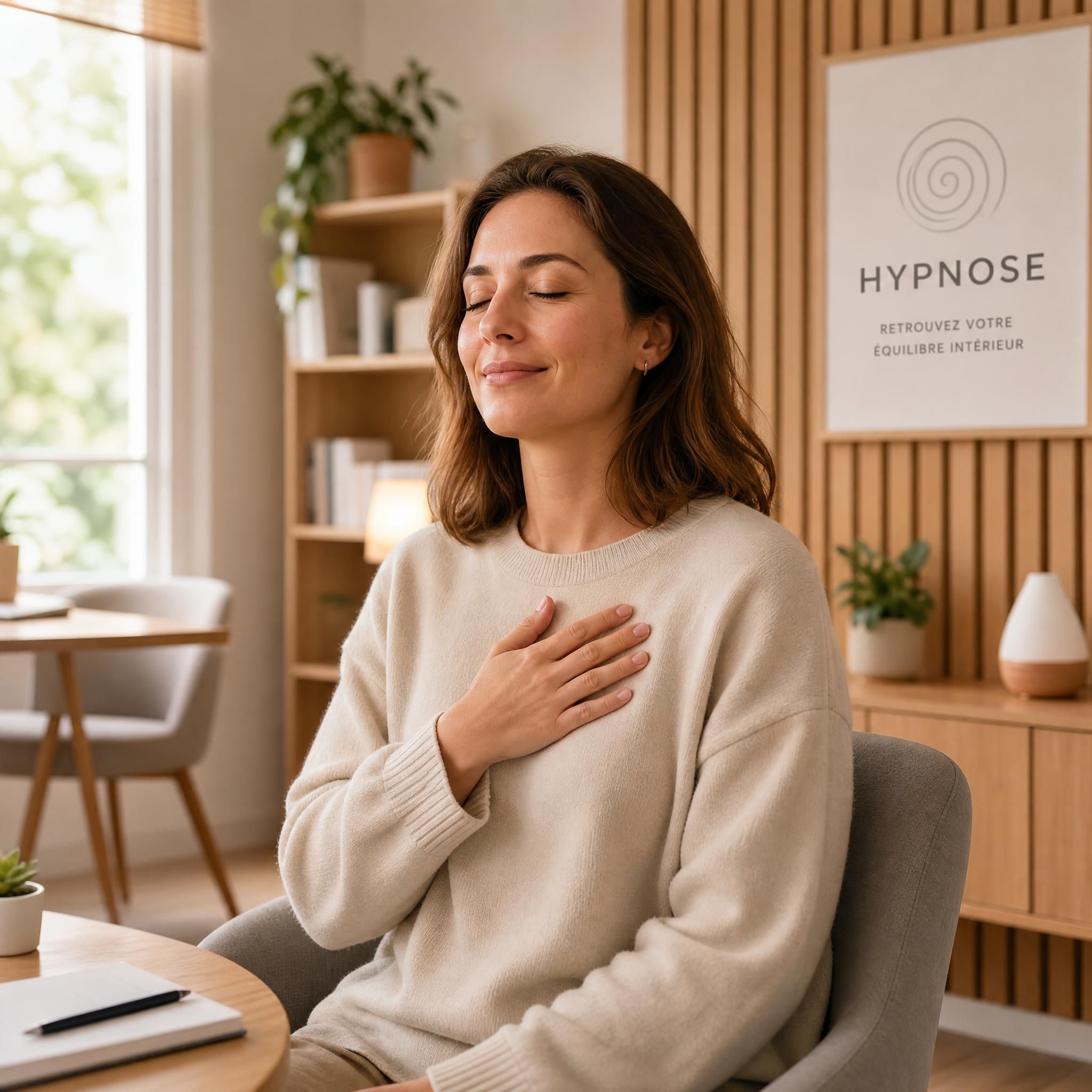 Femme sereine posant la main sur sa poitrine, yeux mi-clos, expression de soulagement, dans un cabinet d'hypnose moderne aux tons beige et bois clair, lumière naturelle douce