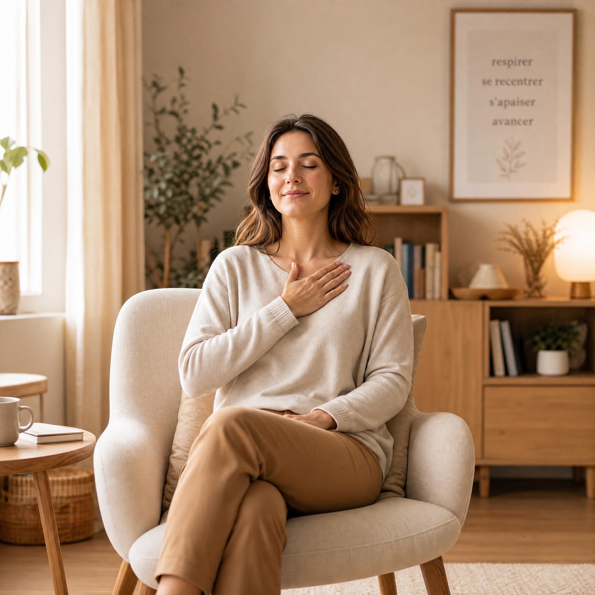 Femme assise en position détendue dans un fauteuil confortable, main posée sur la poitrine, yeux fermés, expression de paix intérieure, lumière naturelle douce, cabinet chaleureux aux tons beige et bois