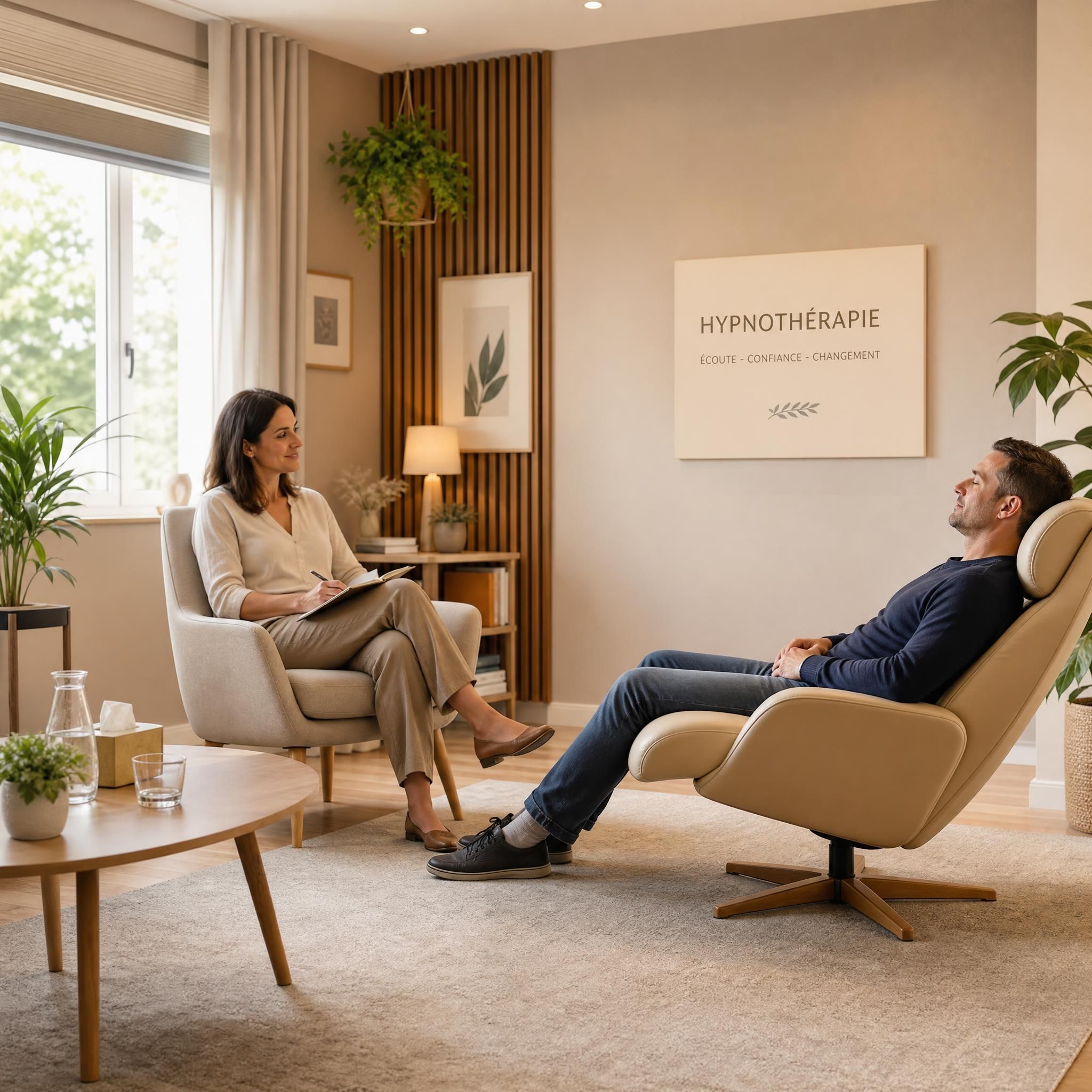 Hypnothérapeute et patient en séance dans un cabinet moderne et chaleureux, ambiance de confiance et de bienveillance, lumière naturelle douce, tons beige et plantes vertes, plan large