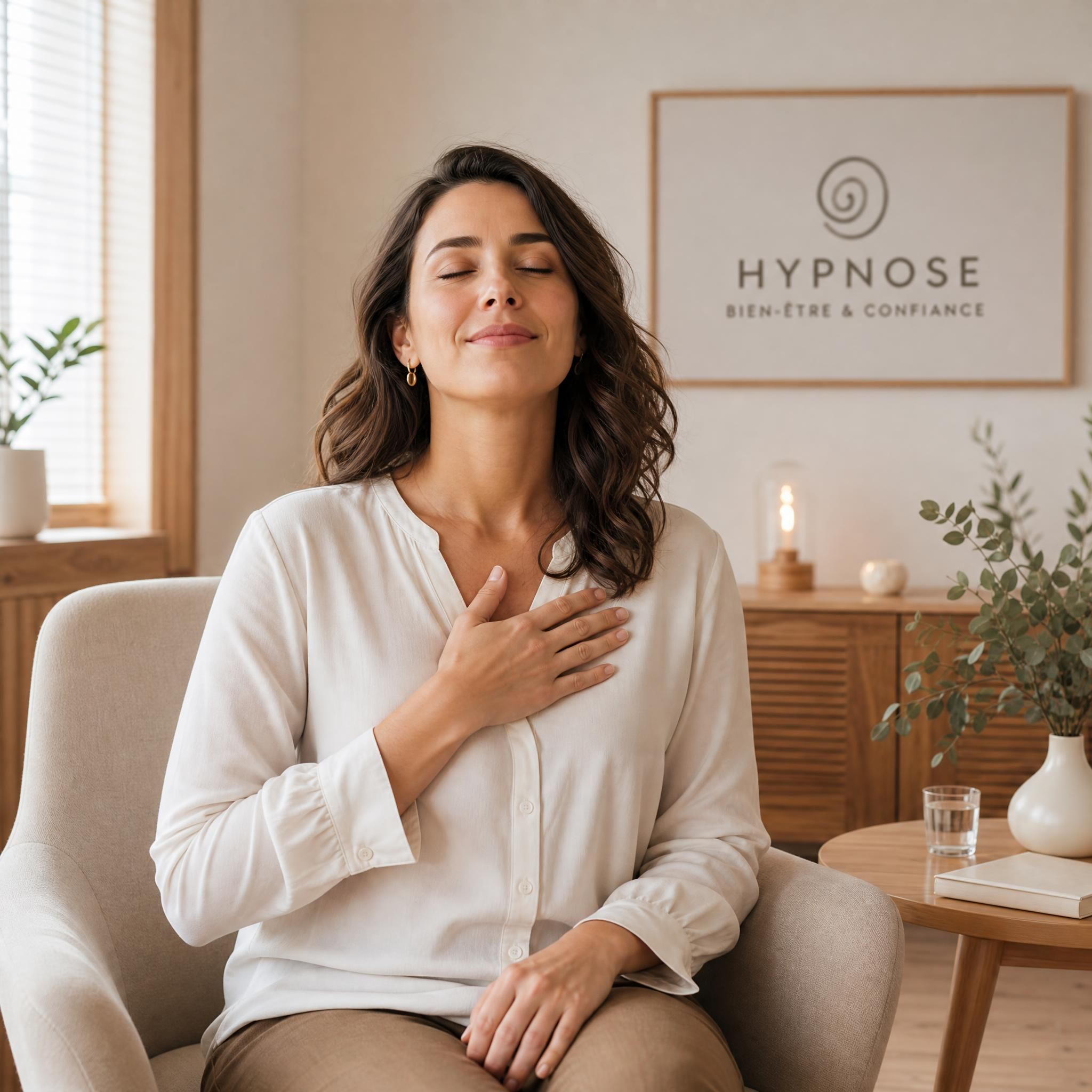 Femme d'une trentaine d'années, sereine, posant la main sur sa poitrine, yeux mi-clos, expression de soulagement profond, dans un cabinet d'hypnose moderne aux tons beige et bois clair, lumière naturelle douce