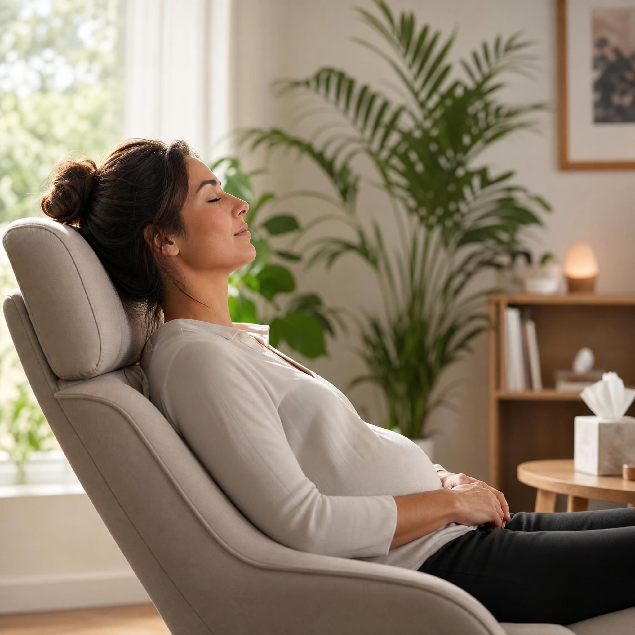 Vue de profil d'une femme sereine en état de relaxation profonde dans un fauteuil de cabinet d'hypnose, lumière naturelle douce, plantes vertes en arrière-plan, ambiance bienveillante
