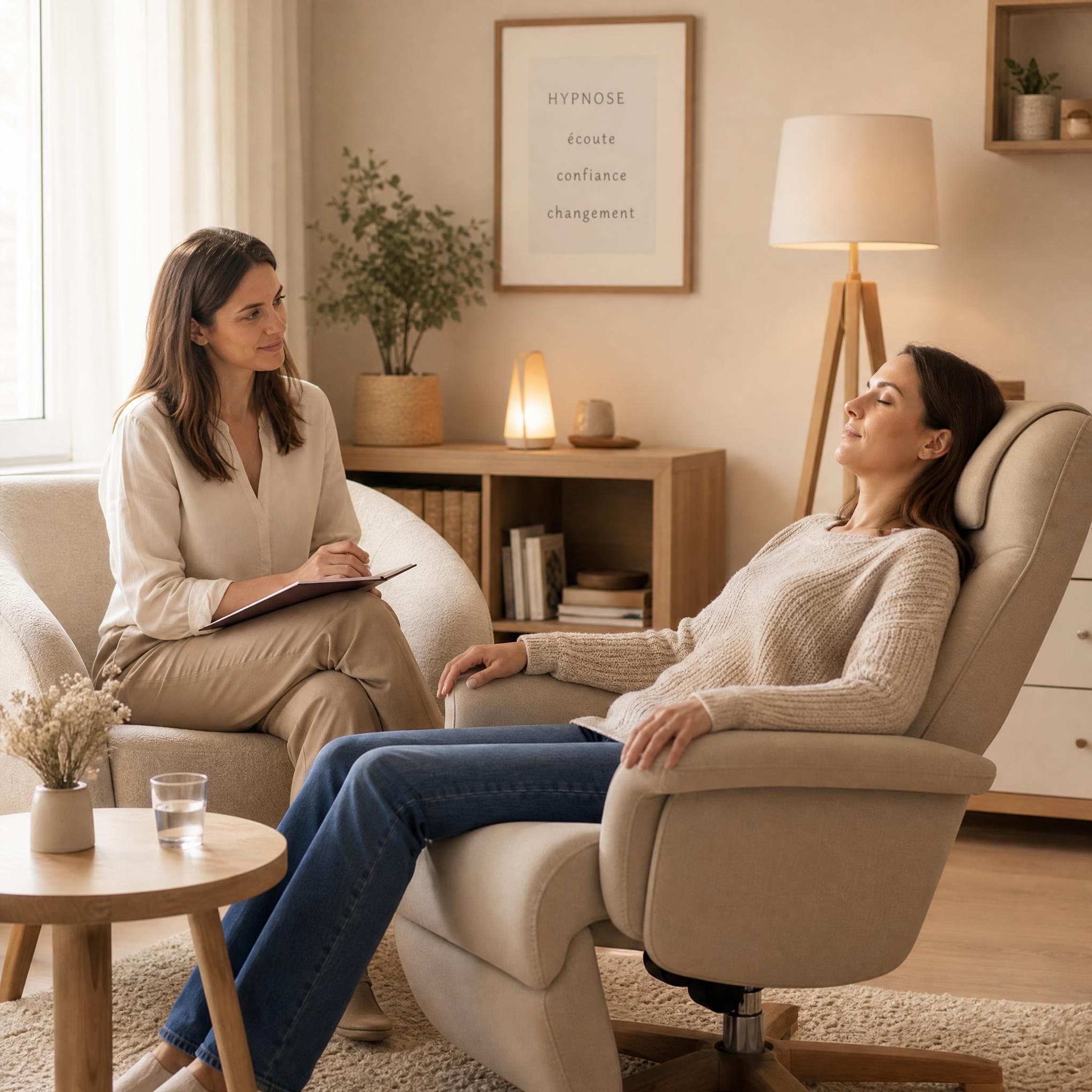 Praticienne en hypnose accompagnant une patiente dans un fauteuil confortable, ambiance chaleureuse et bienveillante, tons beige et bois clair, lumière naturelle douce, plan moyen