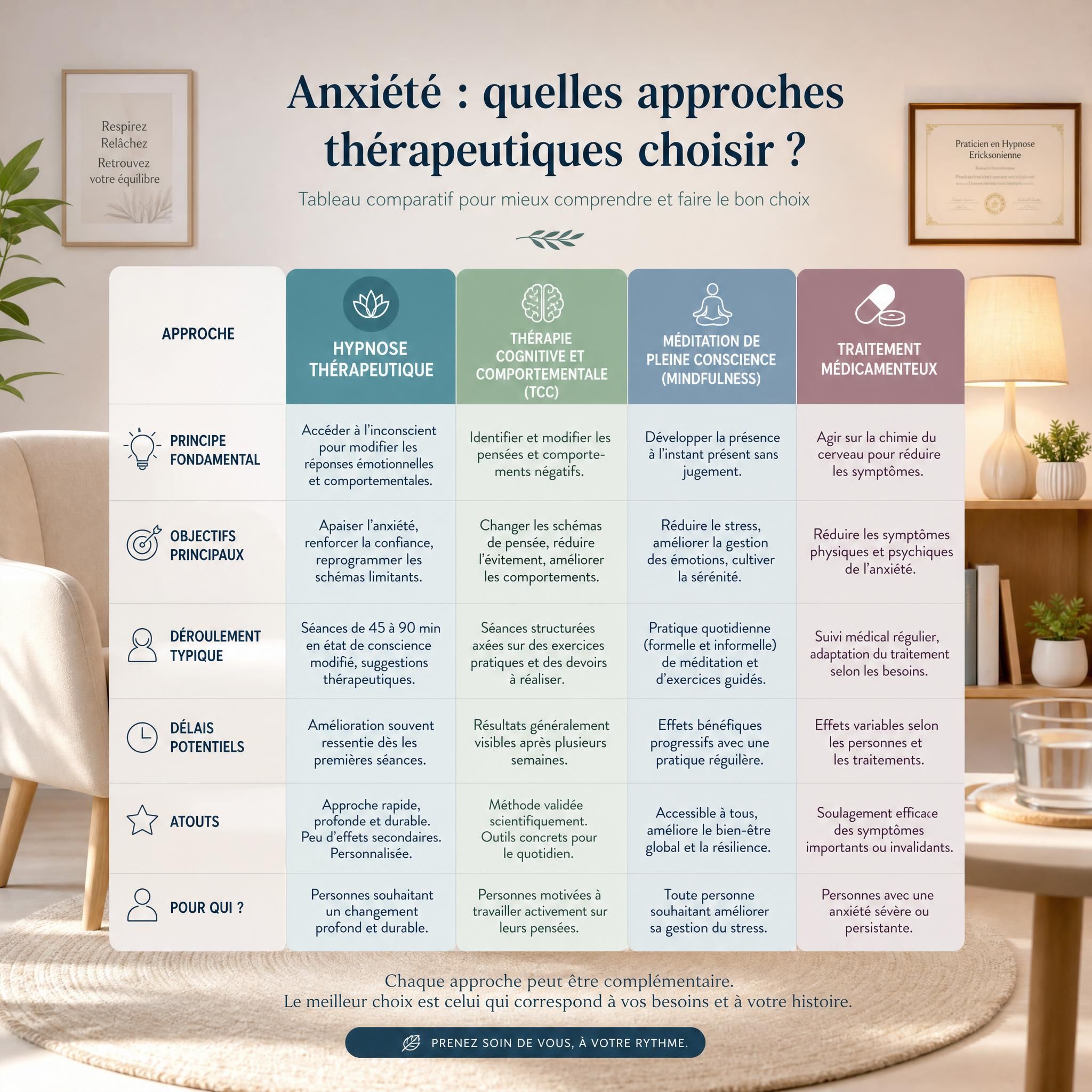Tableau comparatif illustré des approches thérapeutiques pour l'anxiété, dans un cabinet d'hypnose moderne aux tons doux, lumière apaisante, format horizontal