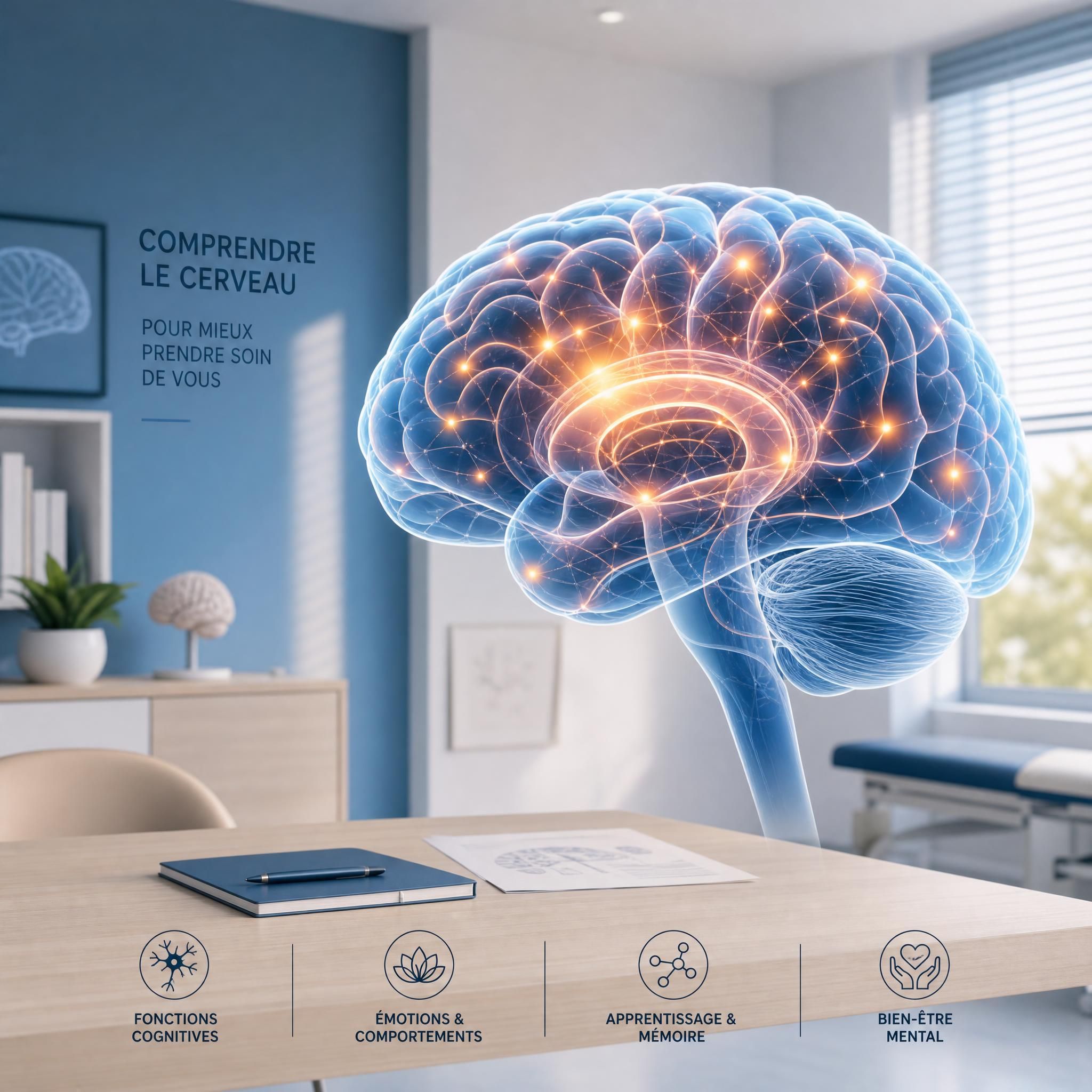 Illustration scientifique stylisée d'un cerveau humain avec zones lumineuses activées, dans un contexte de cabinet médical moderne, tons bleus et beiges apaisants, format horizontal 16:9