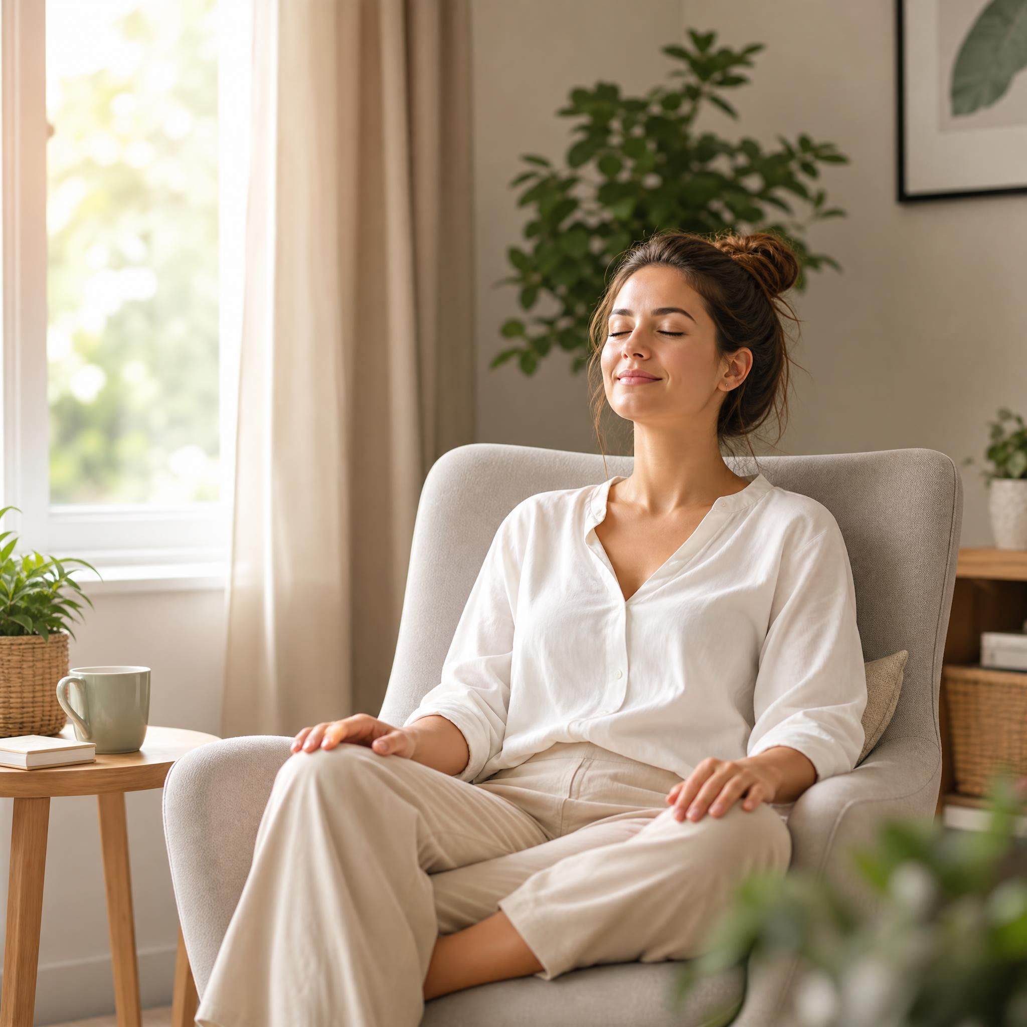 Femme assise en position détendue dans un fauteuil confortable, yeux fermés, expression sereine et apaisée, mains posées sur les genoux, lumière naturelle douce filtrant par une fenêtre, ambiance calme et bienveillante