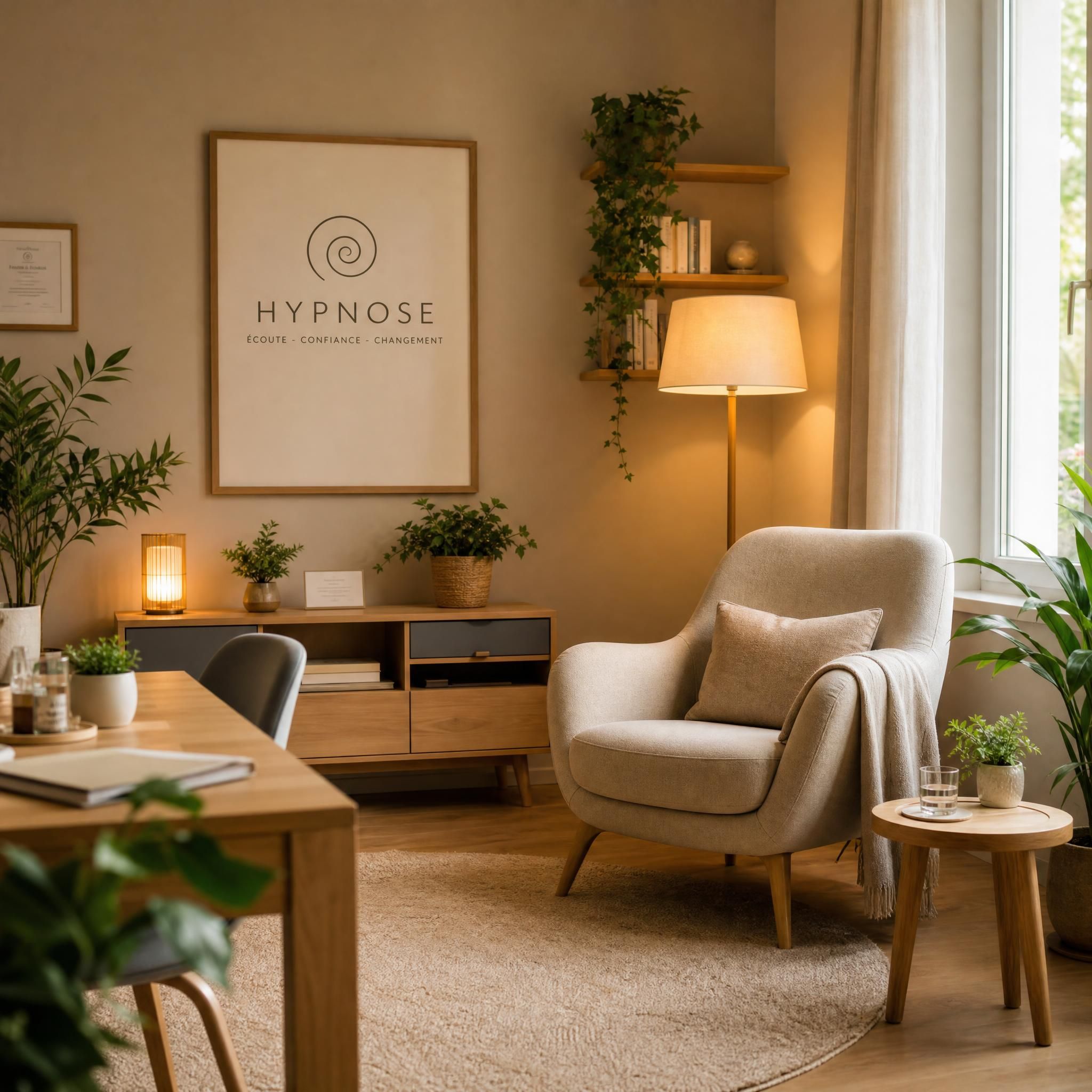 Vue d'ensemble d'un cabinet d'hypnose chaleureux avec fauteuil confortable, plantes vertes, lumière tamisée naturelle, tons beige et bois clair, ambiance sereine et bienveillante
