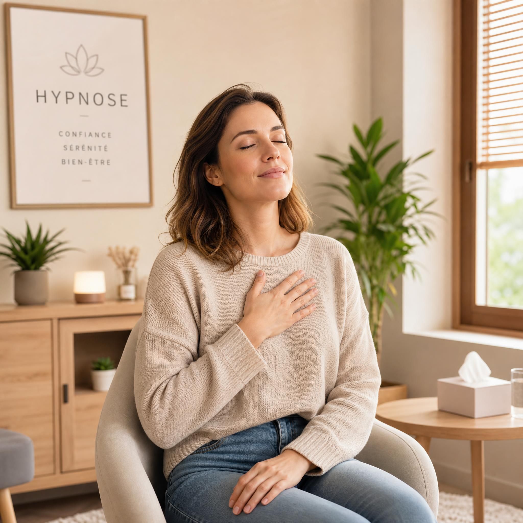 Femme d'une trentaine d'années, sereine, posant la main sur sa poitrine, yeux mi-clos, expression de soulagement, dans un cabinet d'hypnose moderne aux tons beige et bois clair, lumière naturelle douce