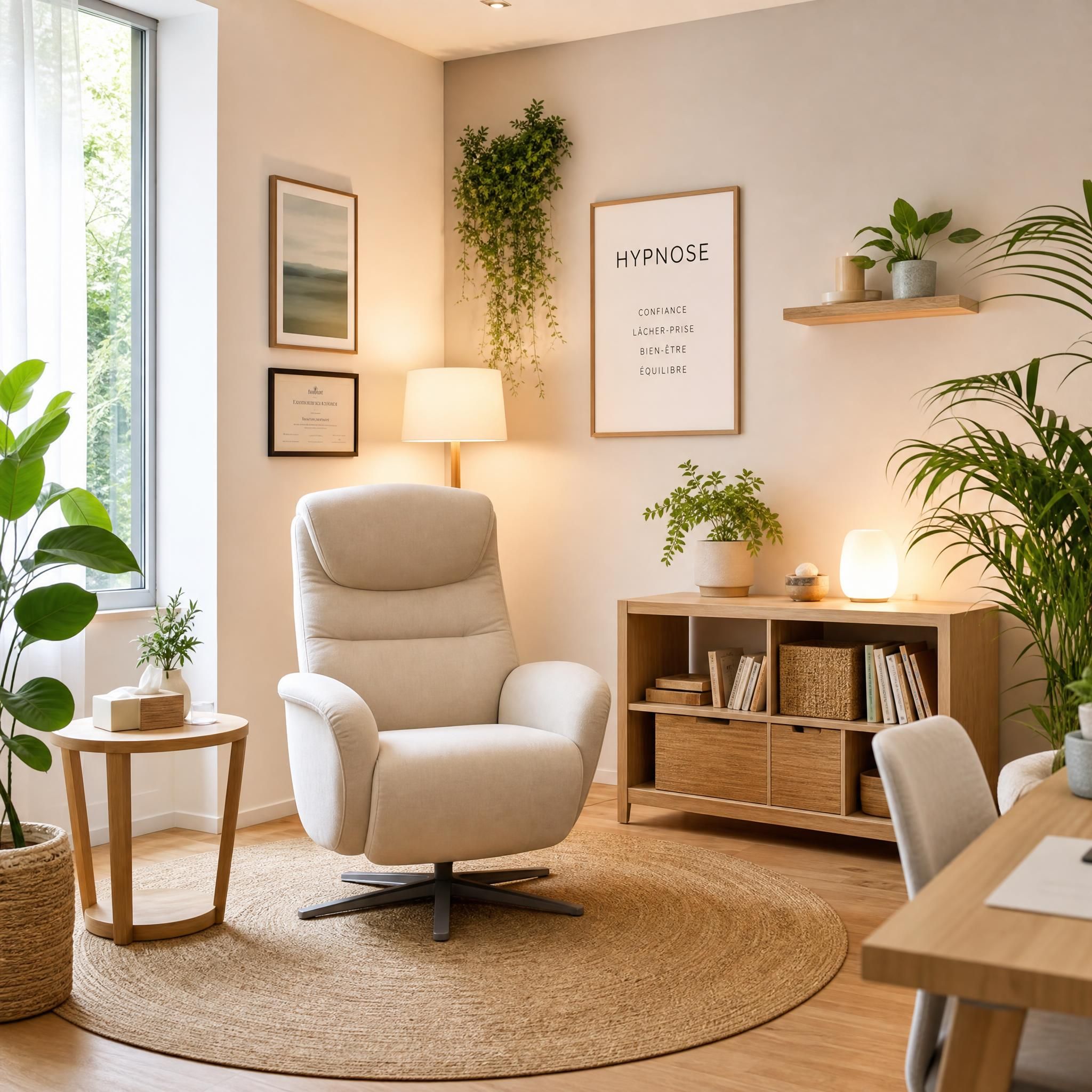 Plan large d'un cabinet d'hypnose lumineux et apaisant, fauteuil confortable au centre, plantes vertes, bois clair, lumière naturelle douce, ambiance de confiance et de bienveillance, sans personne visible