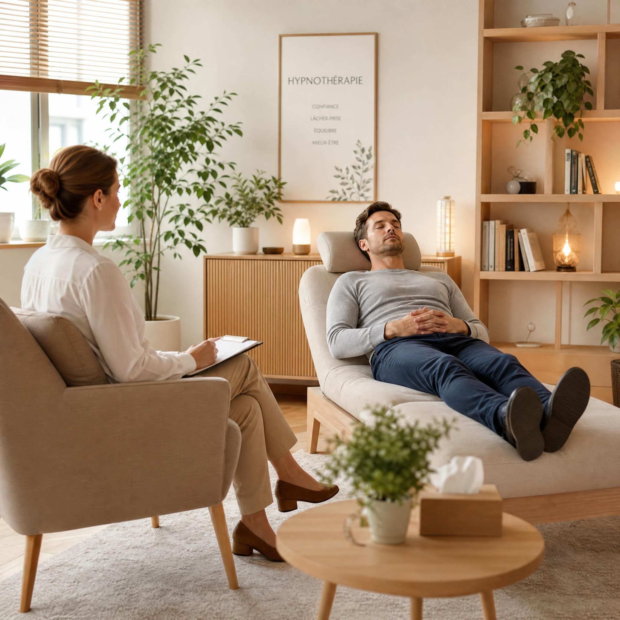 Hypnothérapeute et patient en séance dans un cabinet moderne et chaleureux, ambiance de confiance et de bienveillance, tons beige et bois clair, plantes vertes, lumière naturelle douce, plan large