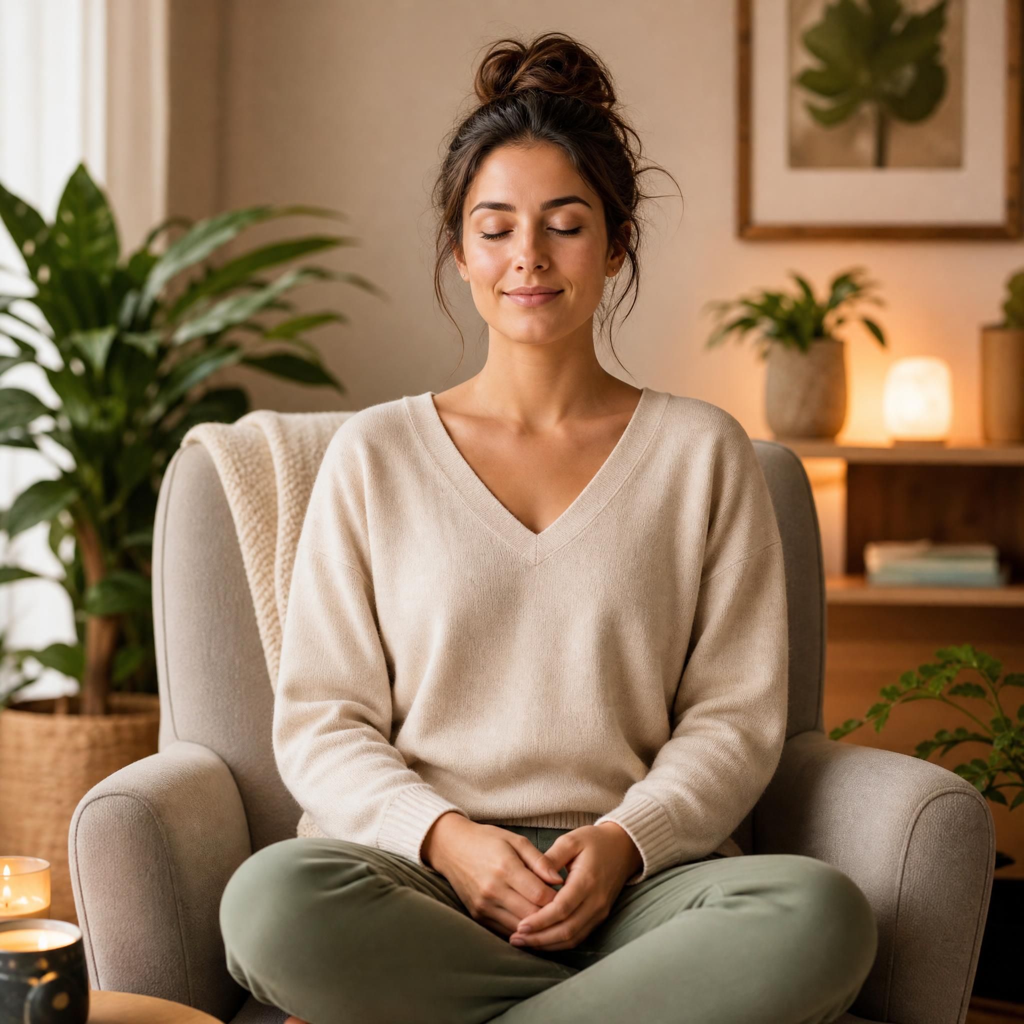 Femme assise dans un fauteuil confortable, yeux fermés, mains posées sur les genoux, expression sereine et apaisée, lumière douce tamisée, décor chaleureux avec plantes vertes, plan moyen