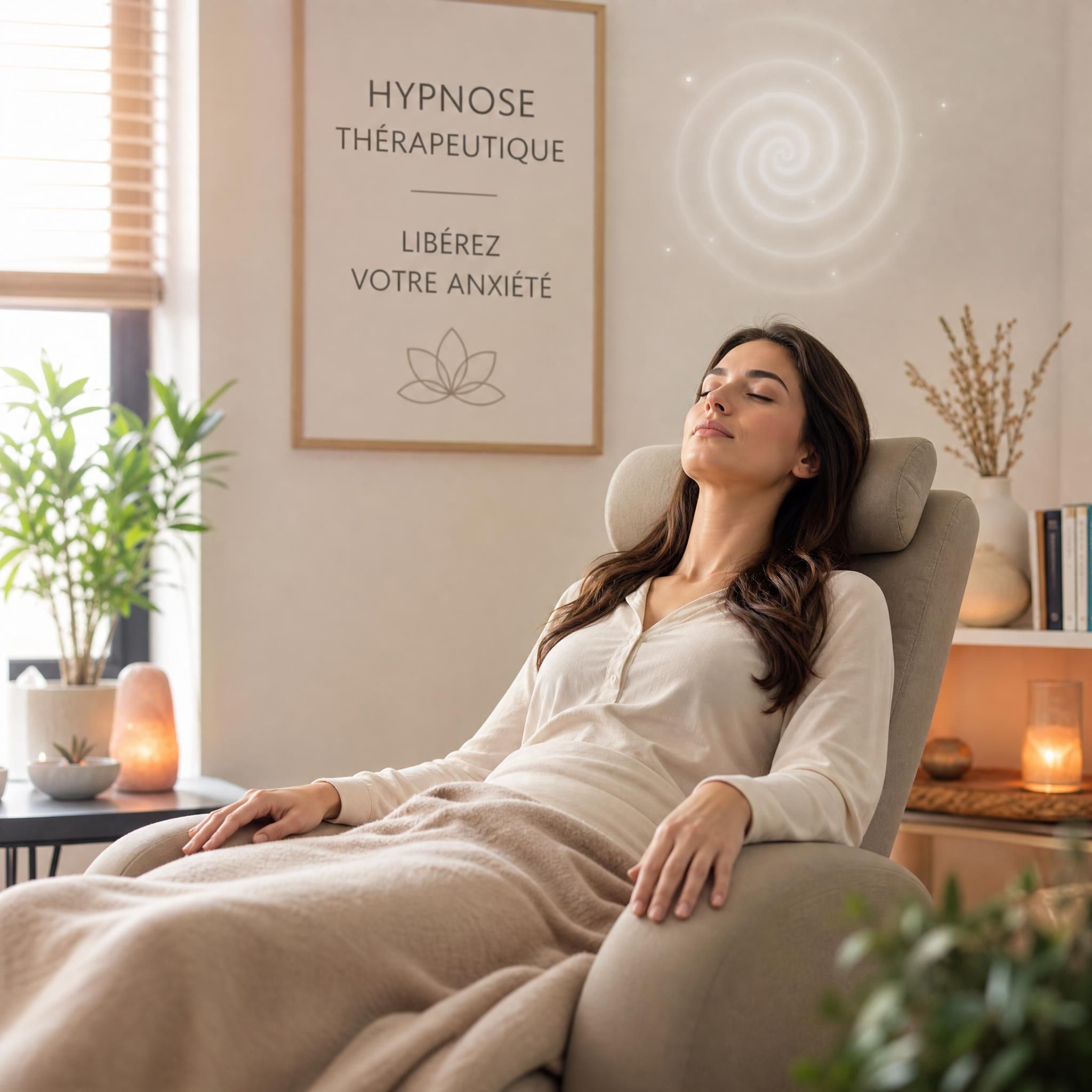 femme en état de relaxation profonde pratiquant l'hypnose thérapeutique pour libérer l'anxiété, lumière douce et apaisante