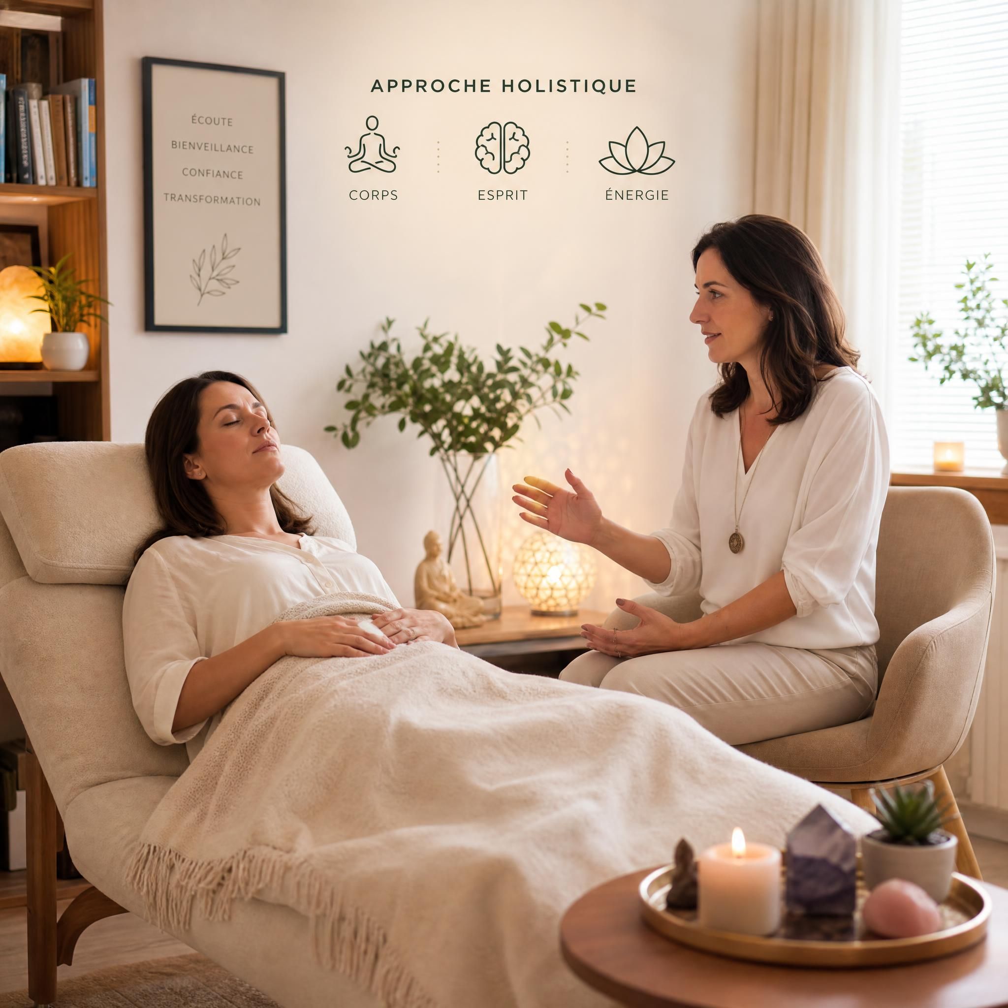 hypnothérapeute en séance avec une patiente dans un cabinet chaleureux, ambiance bienveillante et sécurisante, approche holistique corps esprit énergie
