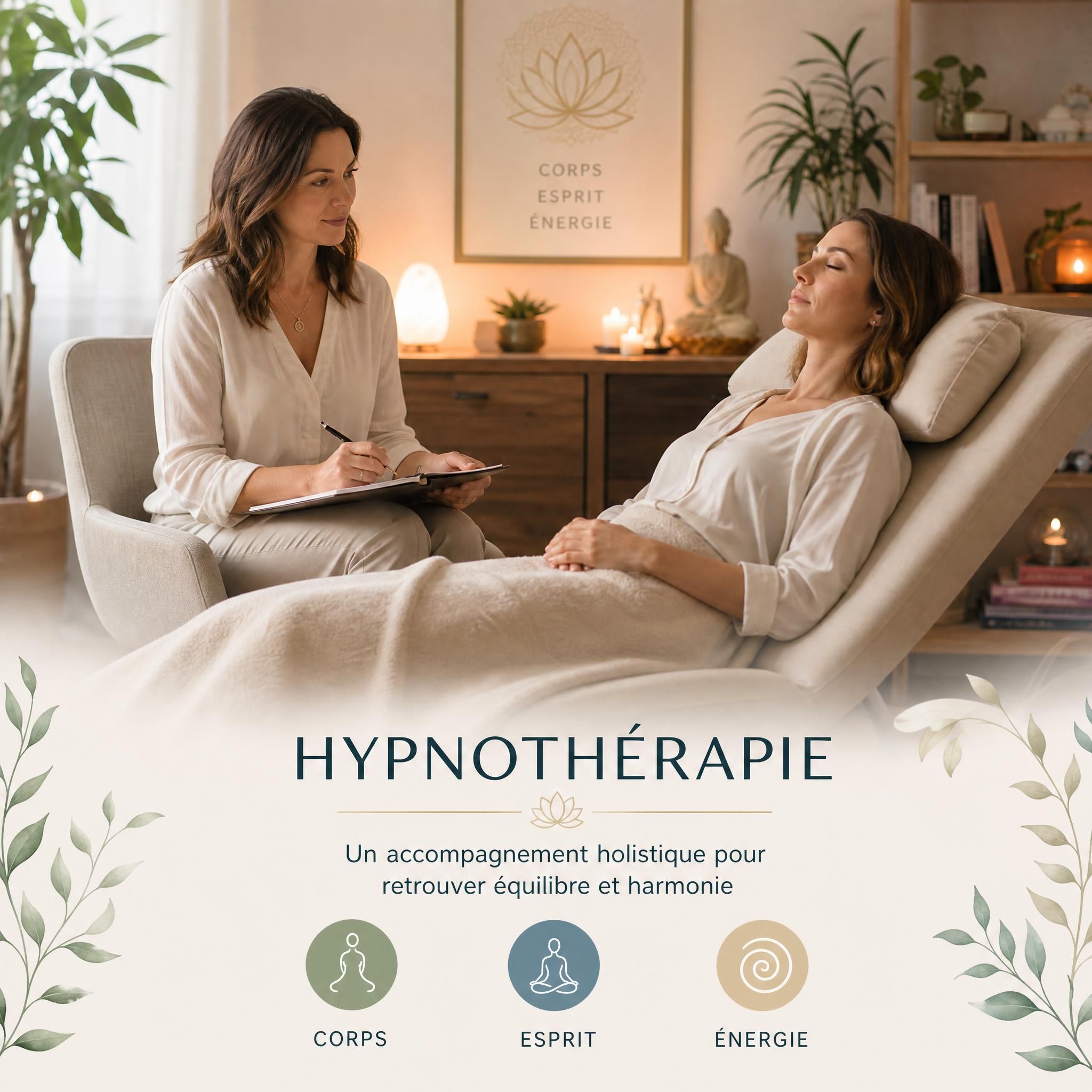 Hypnothérapeute en séance avec une patiente, espace chaleureux et bienveillant, approche holistique corps esprit énergie