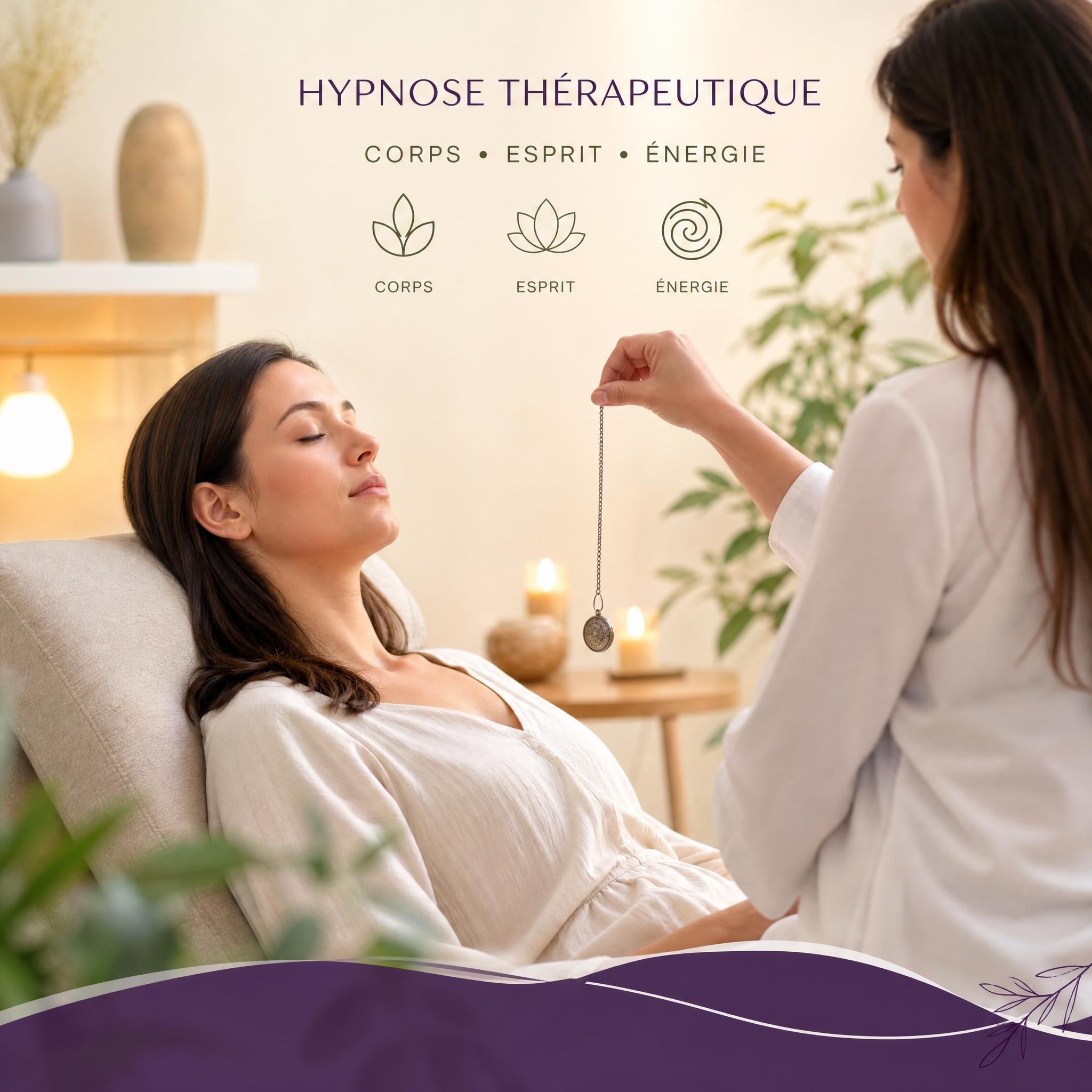 Femme sereine en séance d'hypnose thérapeutique, lumière douce, ambiance apaisante corps-esprit-énergie