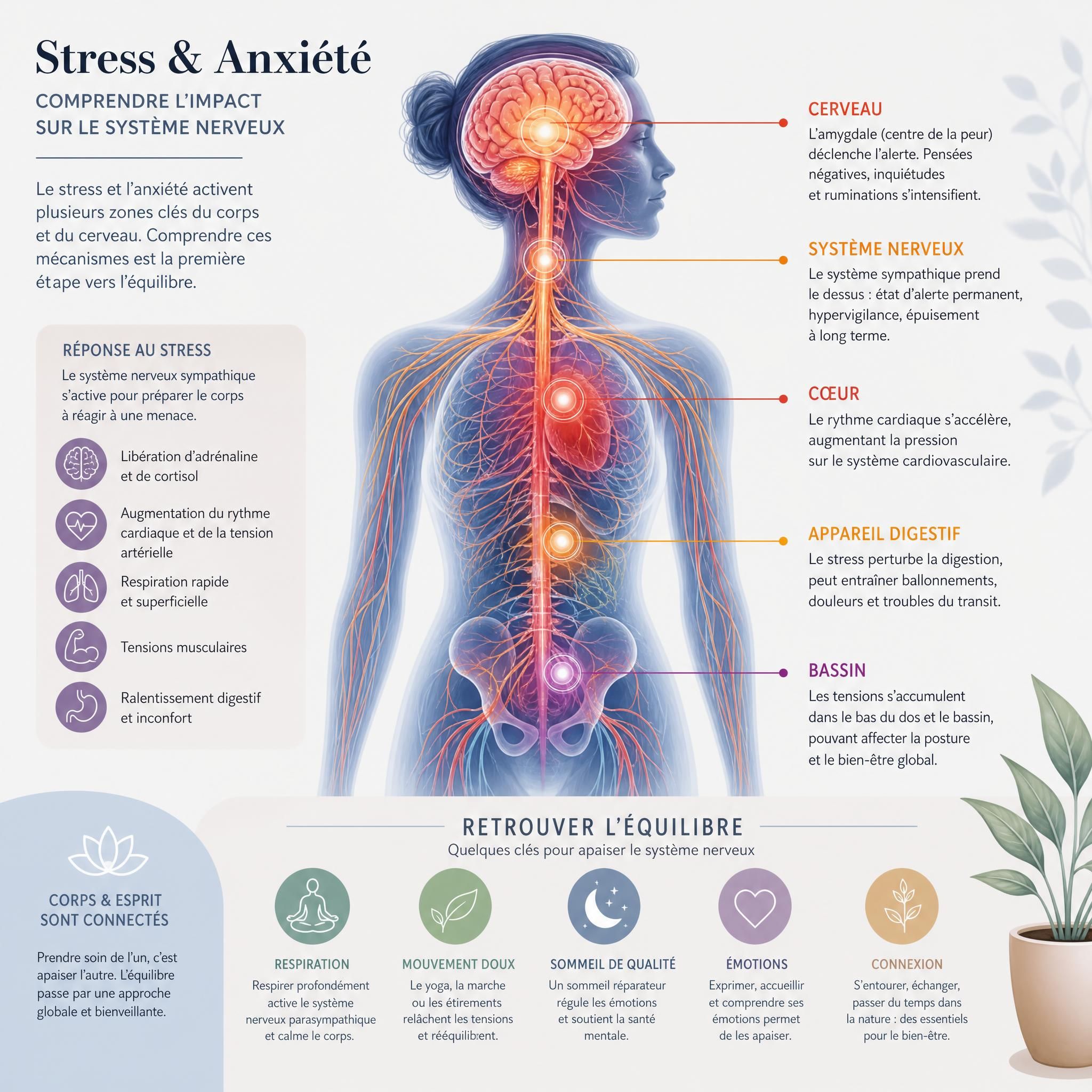 illustration du système nerveux humain avec zones d'activation liées au stress et à l'anxiété, représentation corps-esprit holistique