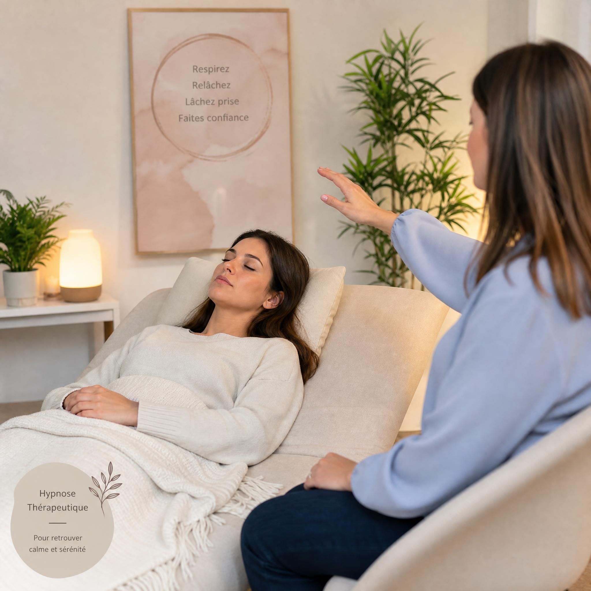 femme en séance d'hypnose thérapeutique, lumière douce, ambiance apaisante, hypnose anxiété