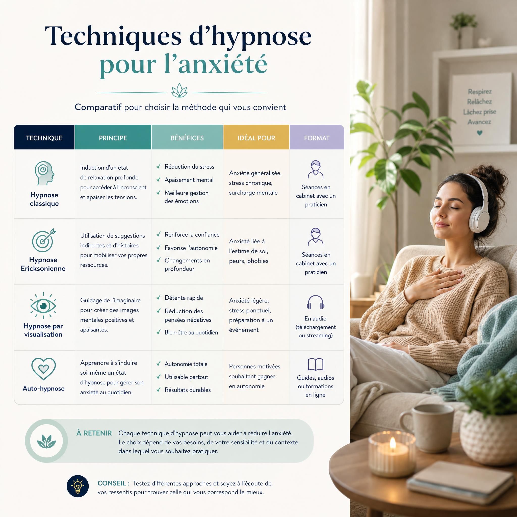 tableau comparatif des techniques d'hypnose pour l'anxiété, visualisation sereine d'une femme pratiquant la relaxation guidée chez elle