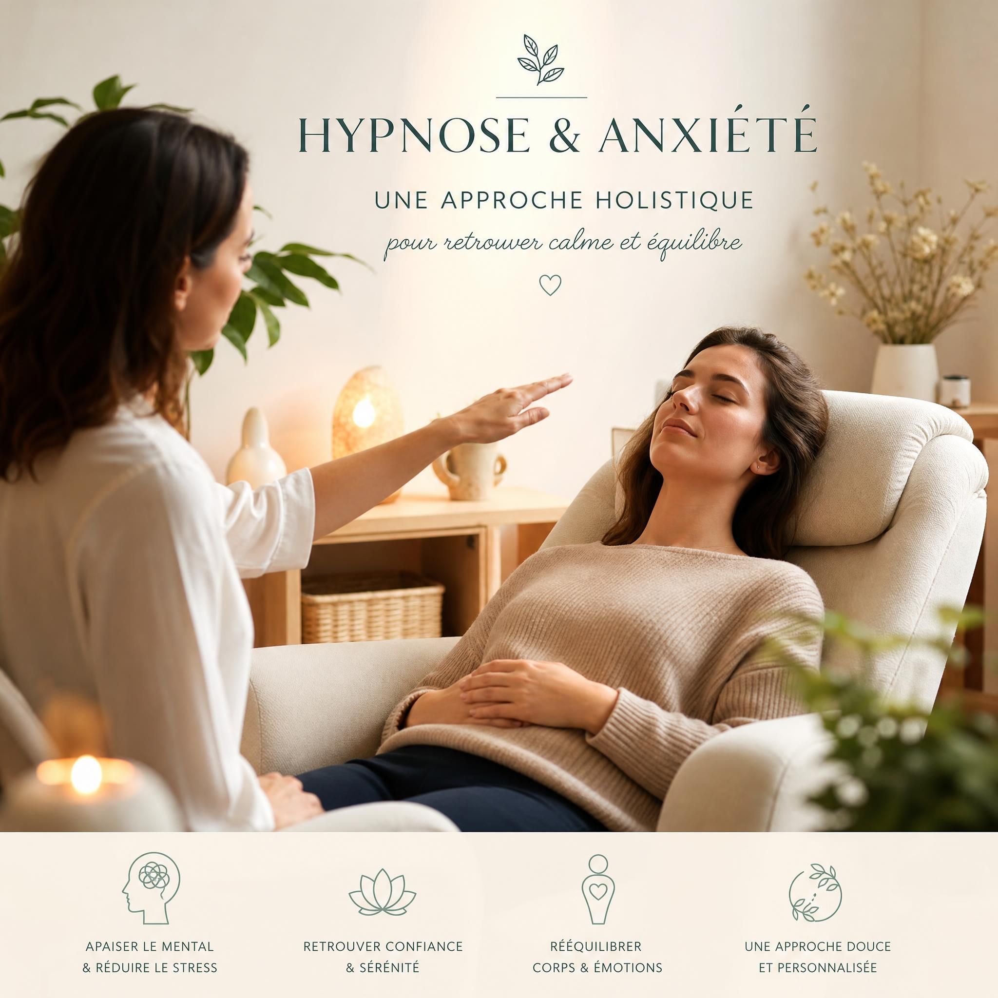 Femme en séance d'hypnose thérapeutique, lumière douce, ambiance apaisante et bienveillante - hypnose anxiété approche holistique