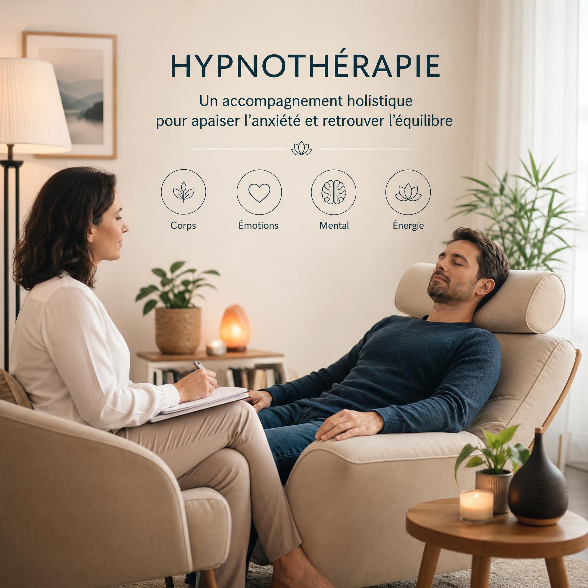 Séance d'hypnothérapie bienveillante entre thérapeute et patient dans un espace calme et sécurisé, illustrant l'accompagnement holistique anxiété