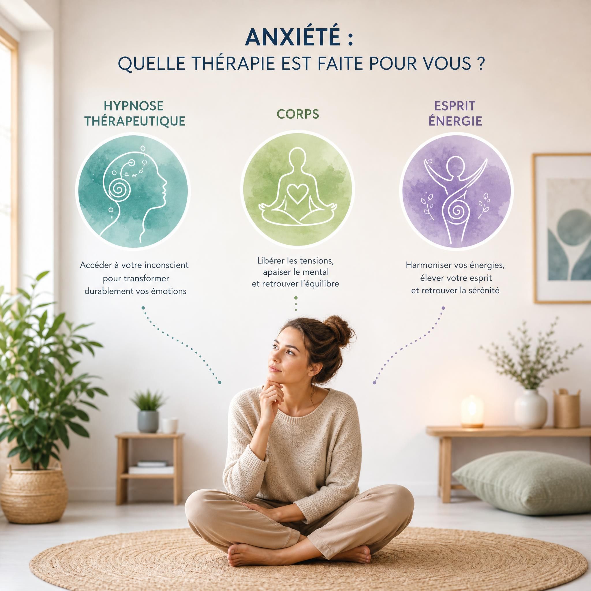 Femme sereine assise en position de réflexion, symbolisant le choix entre différentes thérapies pour l'anxiété - hypnose thérapeutique corps esprit énergie