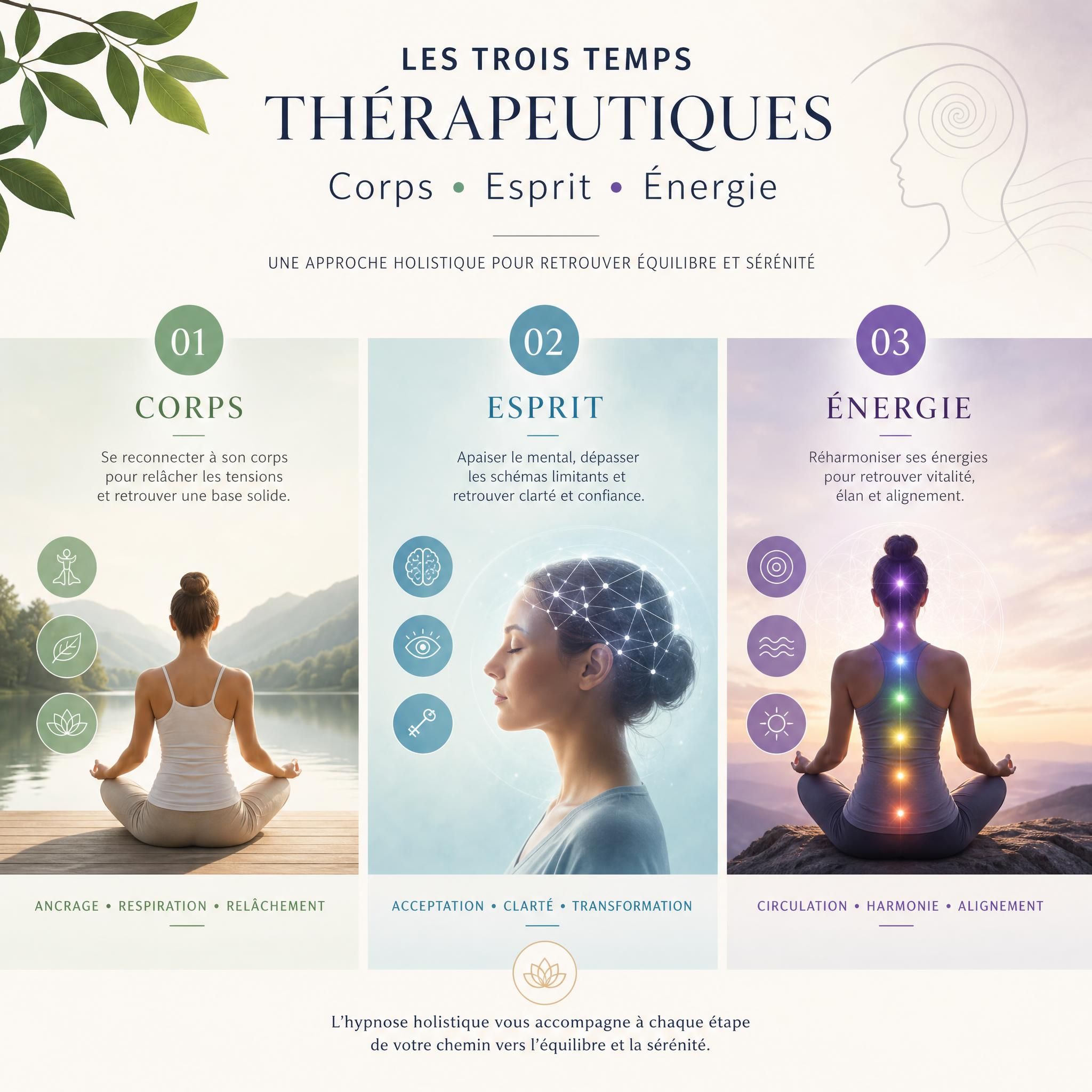 Représentation symbolique des trois temps thérapeutiques - corps esprit énergie hypnose holistique anxiété