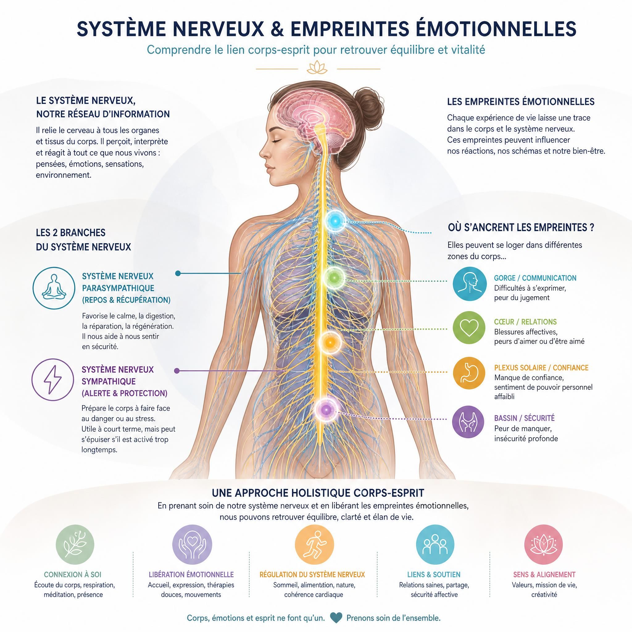 Illustration schématique du système nerveux et des empreintes émotionnelles, approche holistique corps-esprit