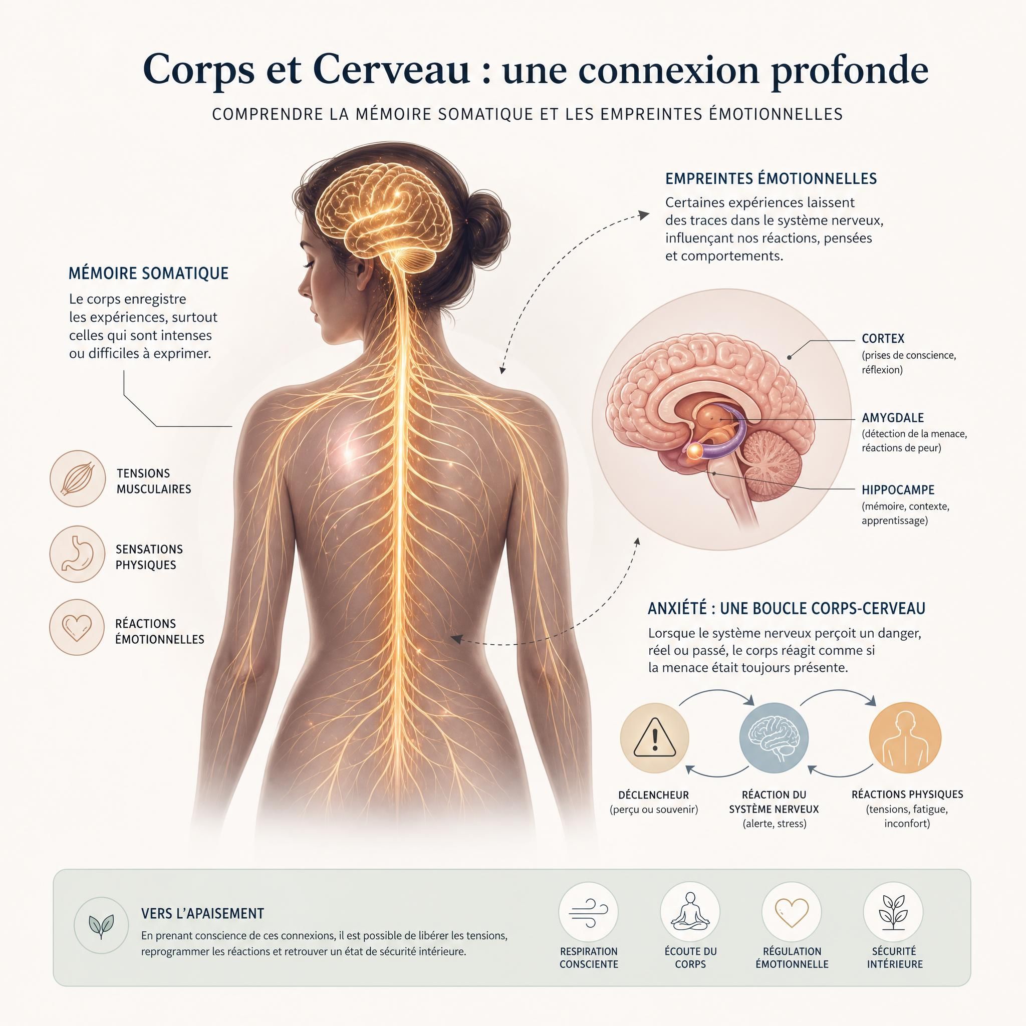Illustration du système nerveux et de la connexion corps-cerveau représentant la mémoire somatique et les empreintes émotionnelles liées à l'anxiété