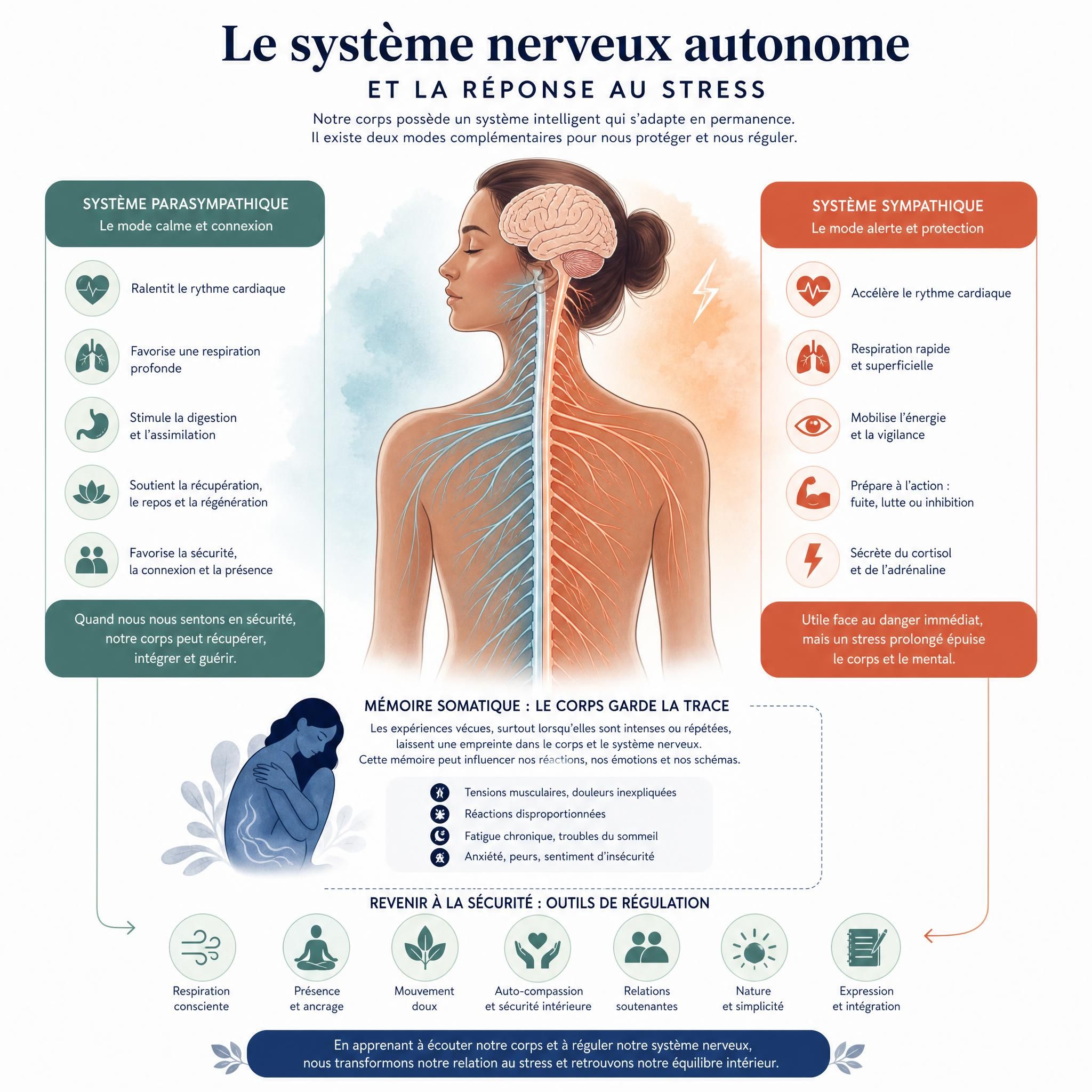 Illustration du système nerveux autonome et de la réponse au stress - mémoire somatique anxiété corps esprit