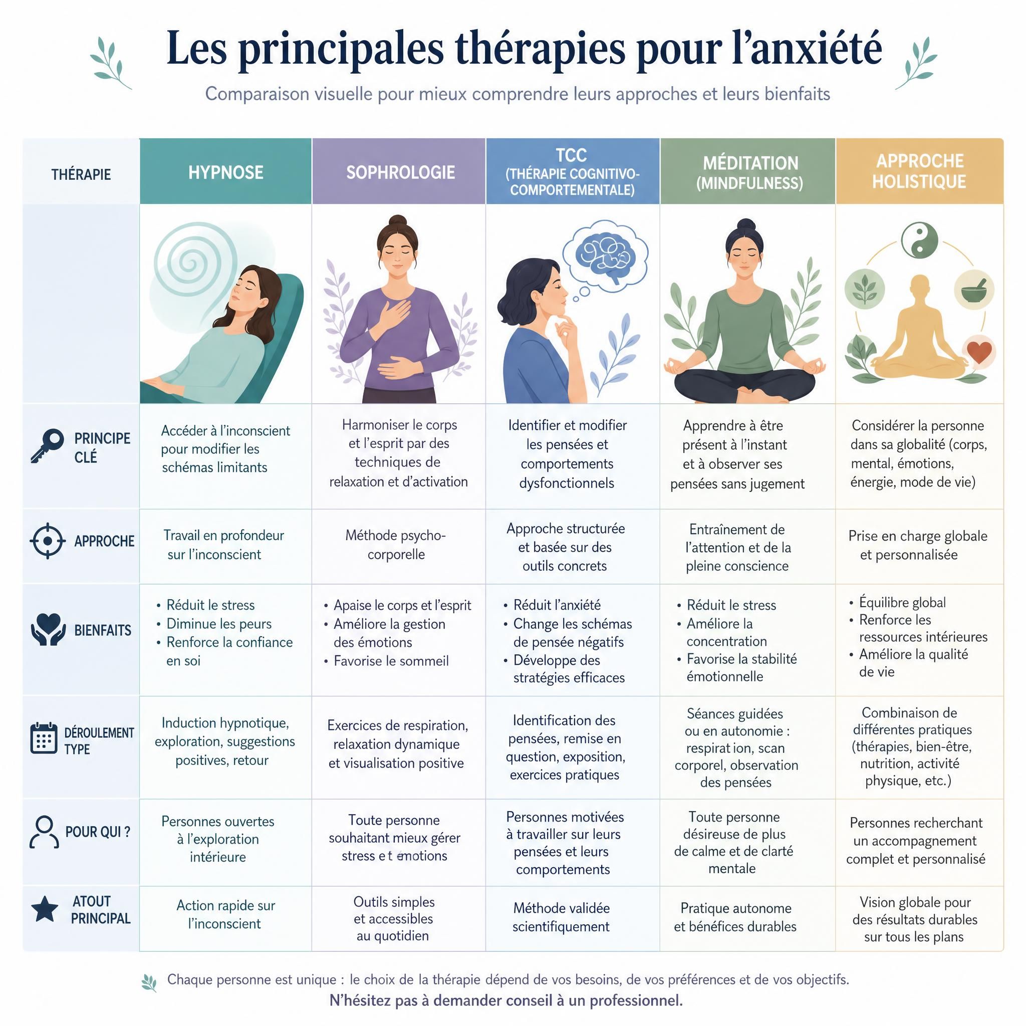 Comparaison visuelle des différentes thérapies pour l'anxiété - tableau illustré hypnose sophrologie TCC méditation approche holistique