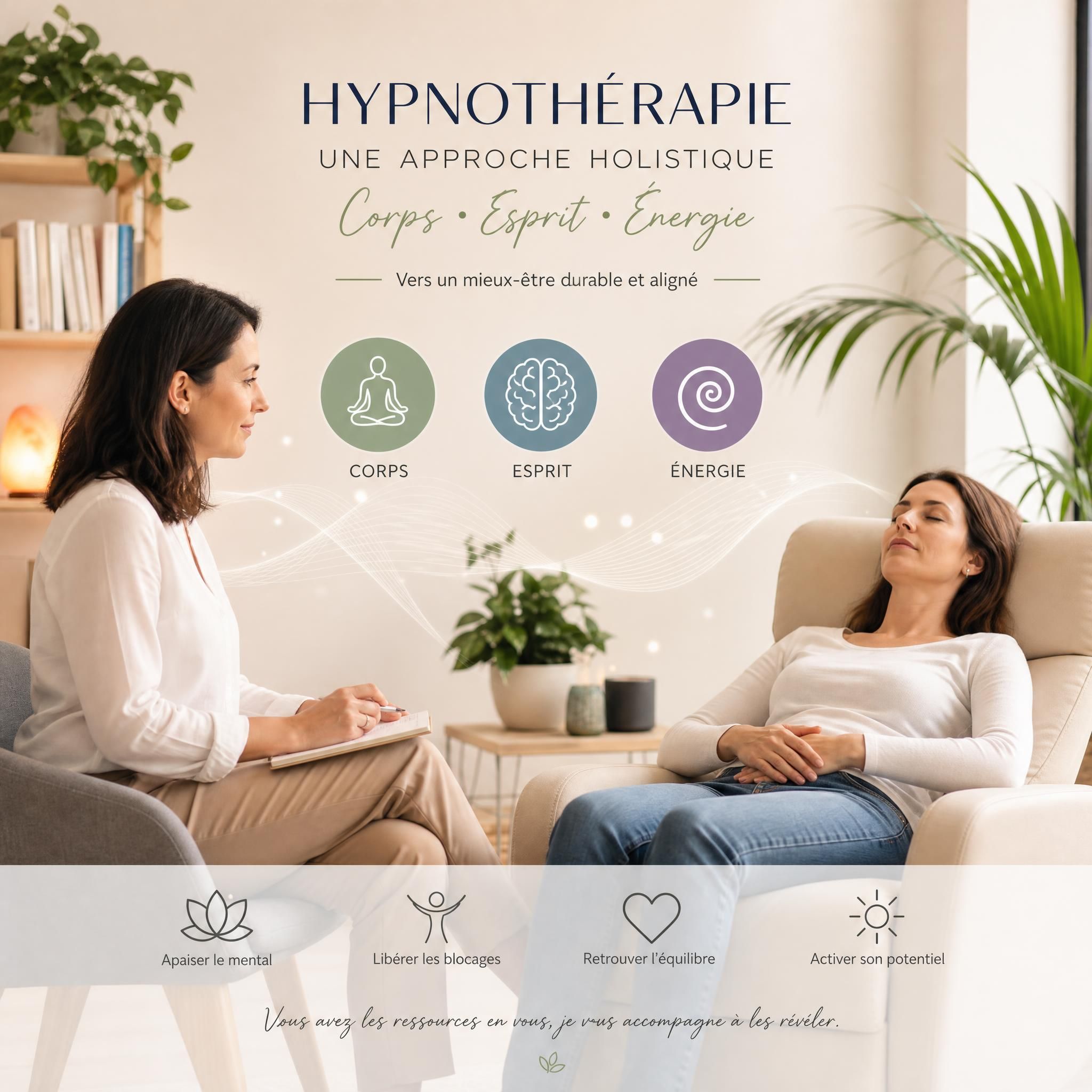 hypnothérapeute en séance avec patient, espace bienveillant, approche holistique corps esprit énergie