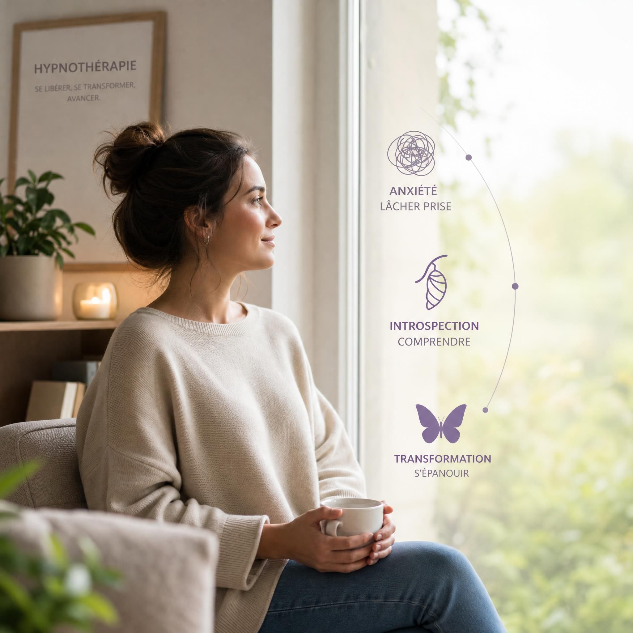 Femme sereine regardant par la fenêtre après une séance d'hypnothérapie - libération anxiété transformation intérieure