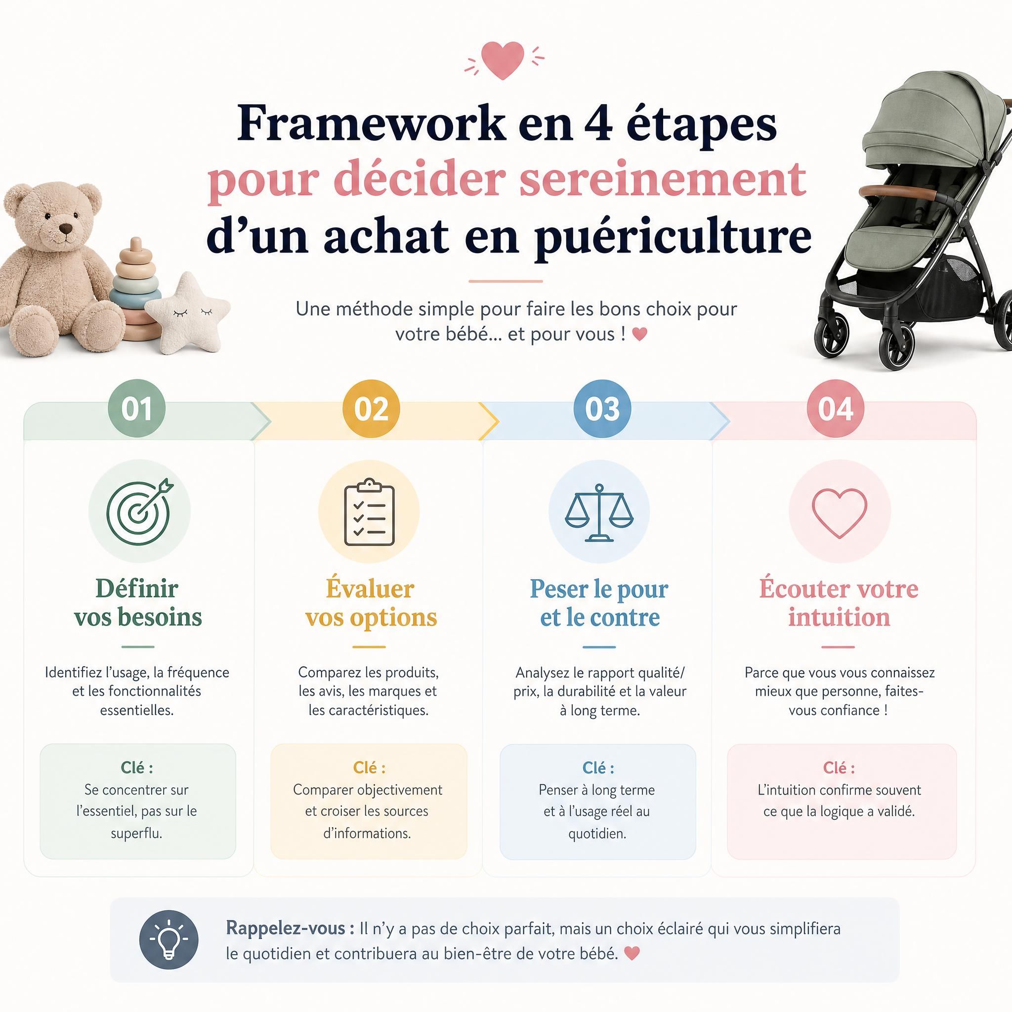 Infographie framework décision achat puériculture bébé 4 étapes