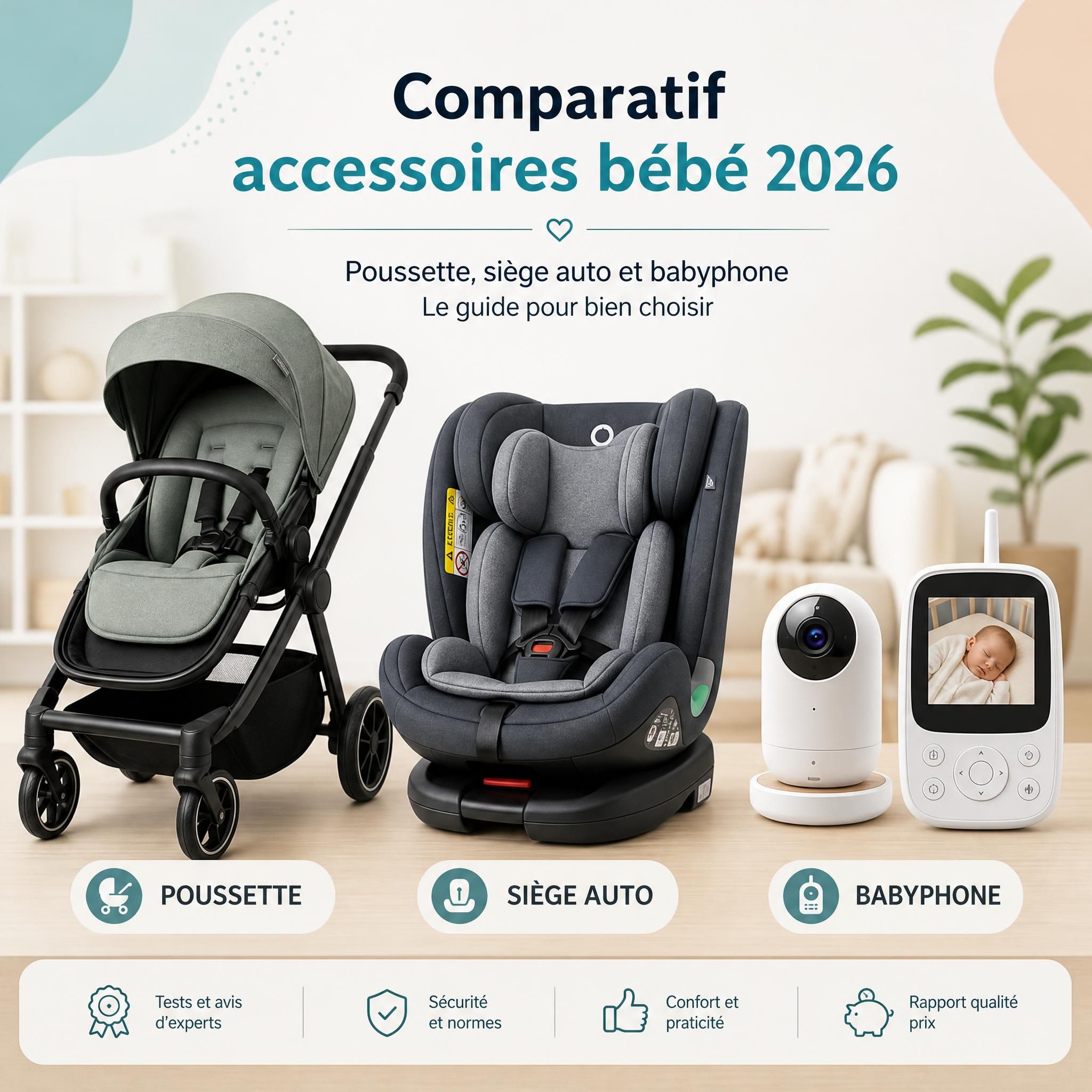 Comparatif accessoires bébé 2026 - poussette, siège auto et babyphone côte à côte