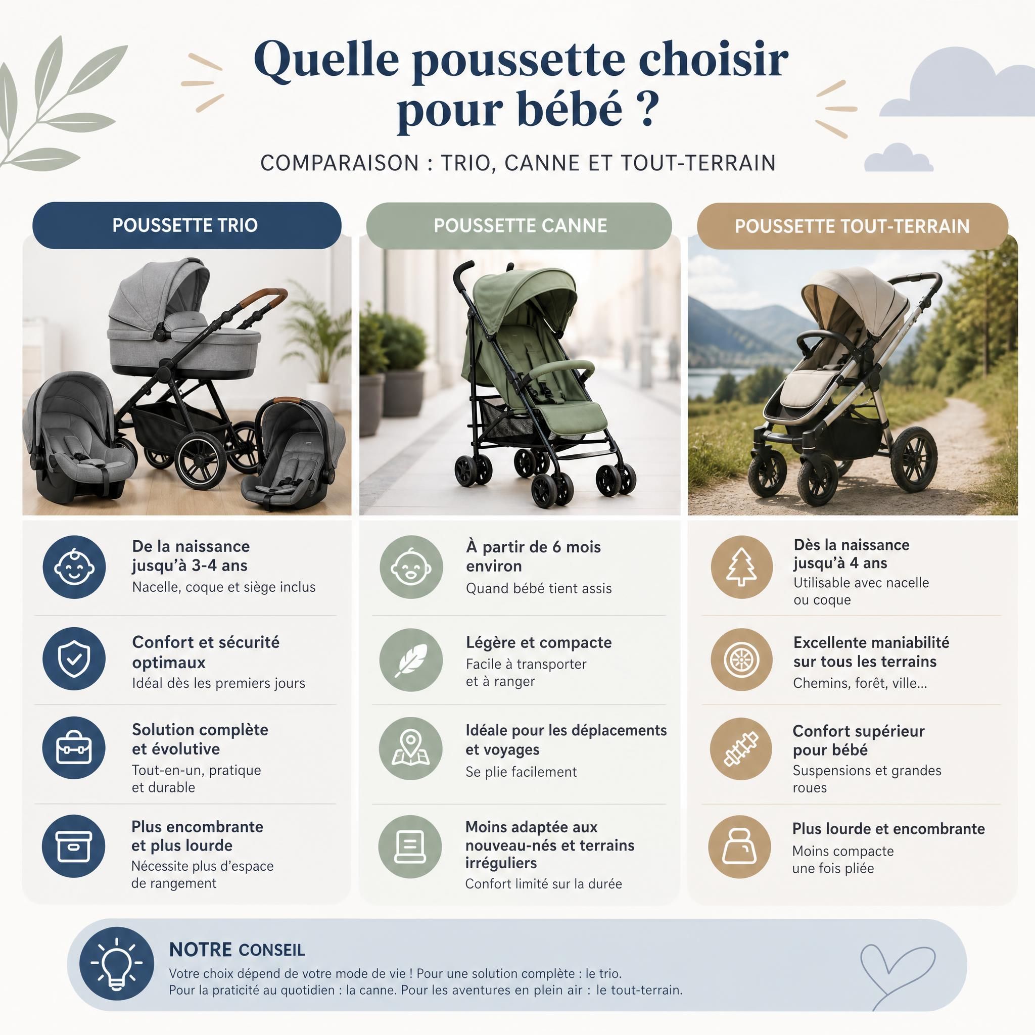 Comparaison poussette trio, poussette canne et poussette tout-terrain bébé