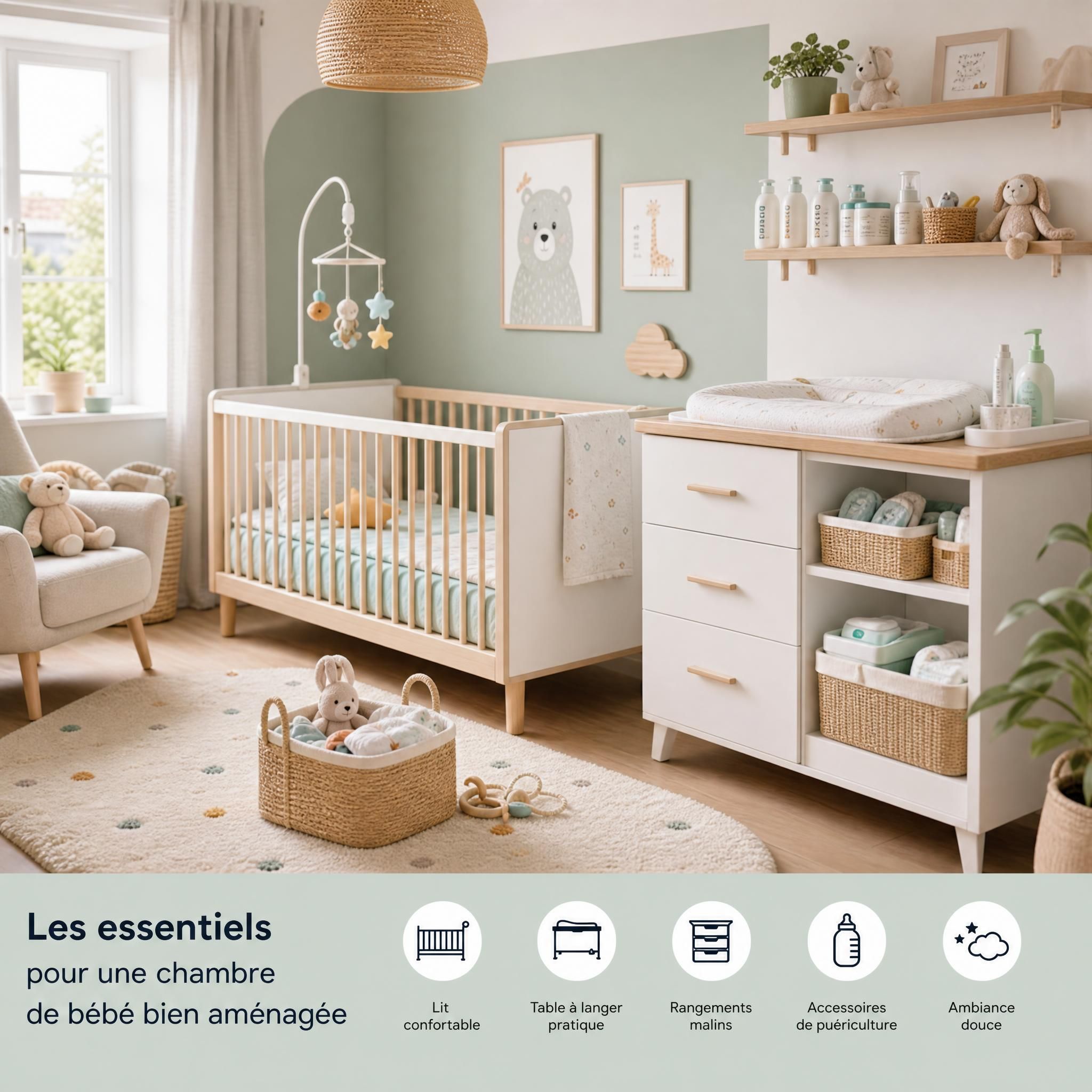 chambre bébé bien aménagée avec lit à barreaux, table à langer et accessoires de puériculture essentiels