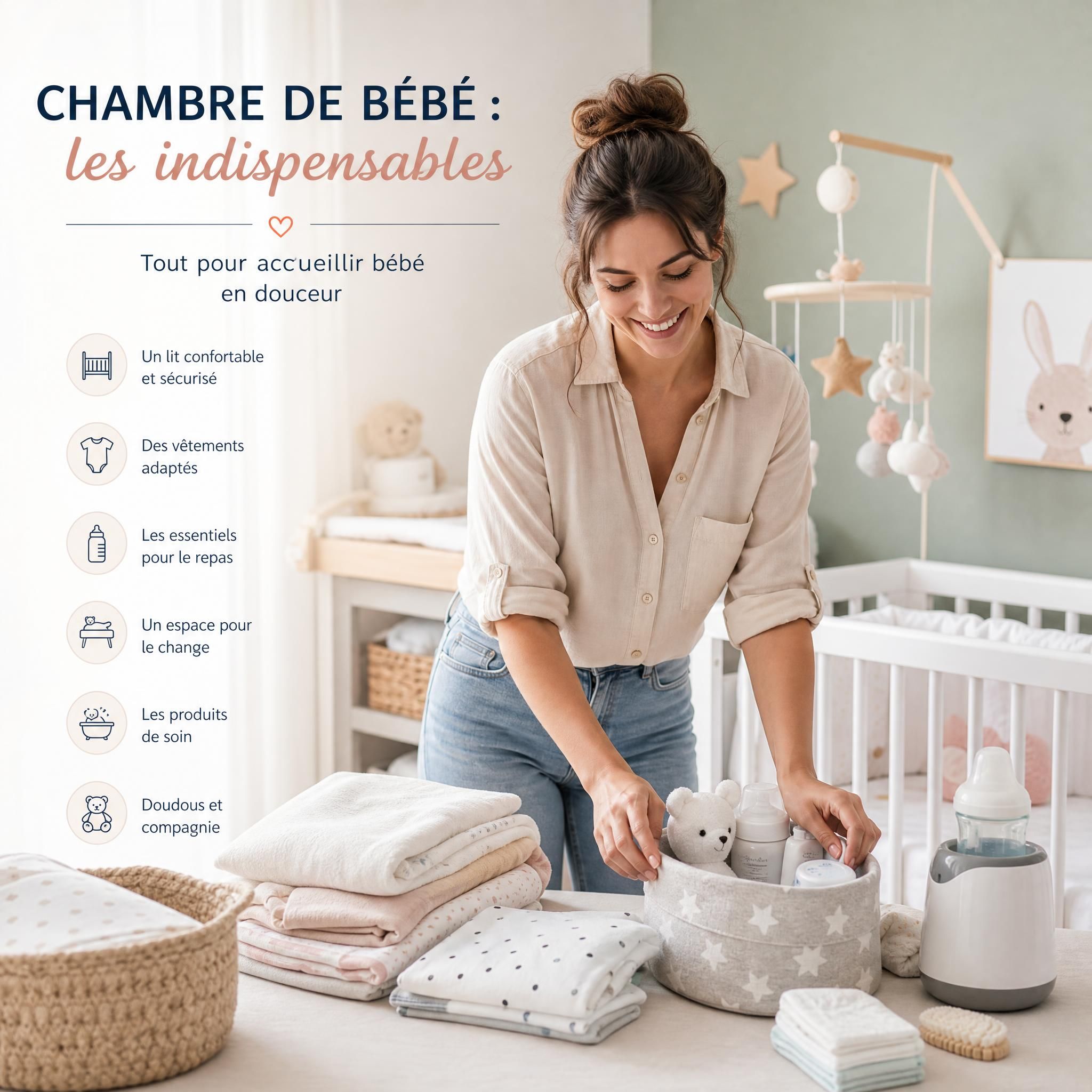 jeune maman souriante préparant une chambre de bébé avec accessoires de puériculture indispensables