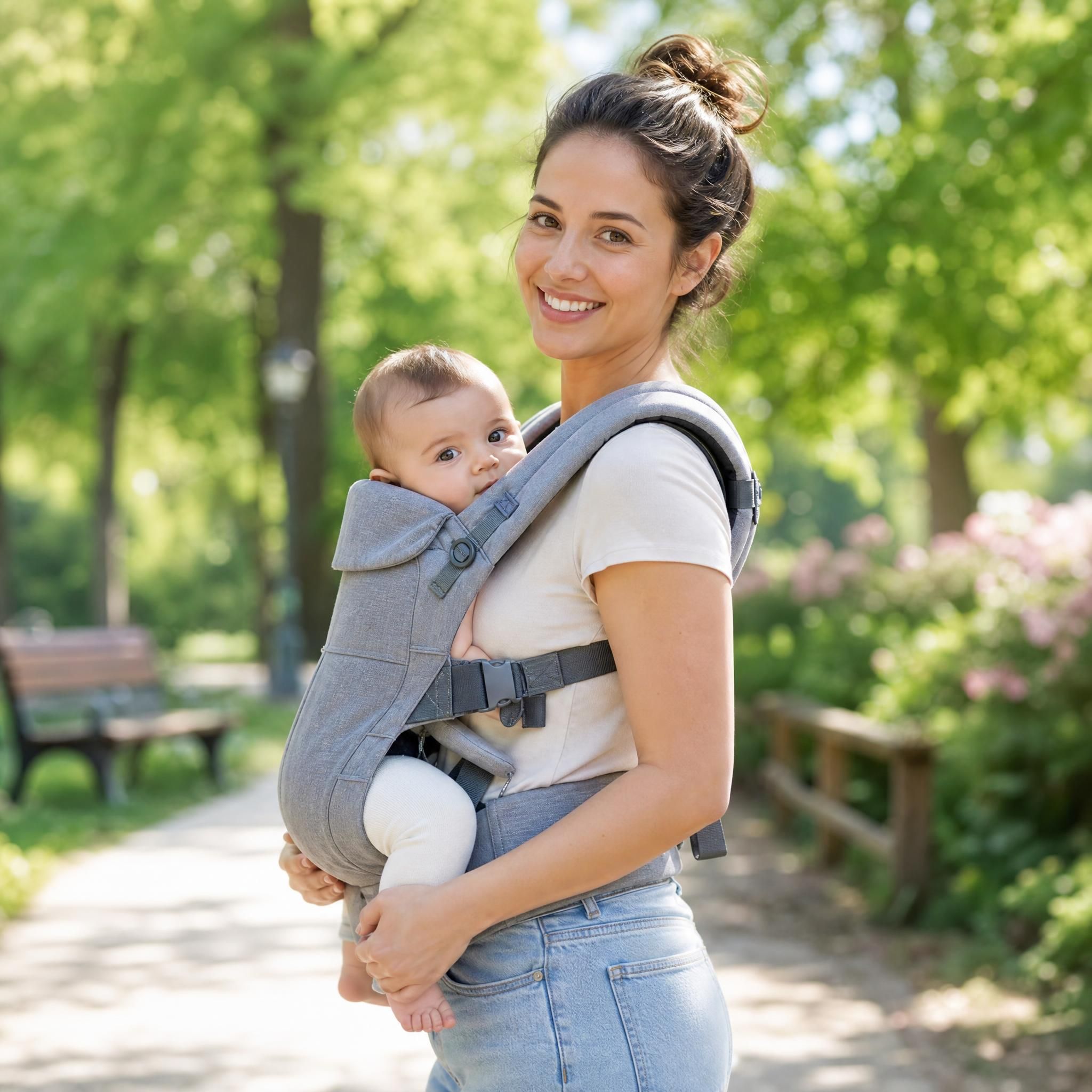 Jeune maman souriante tenant son bébé dans un porte-bébé physiologique dans un parc ensoleillé