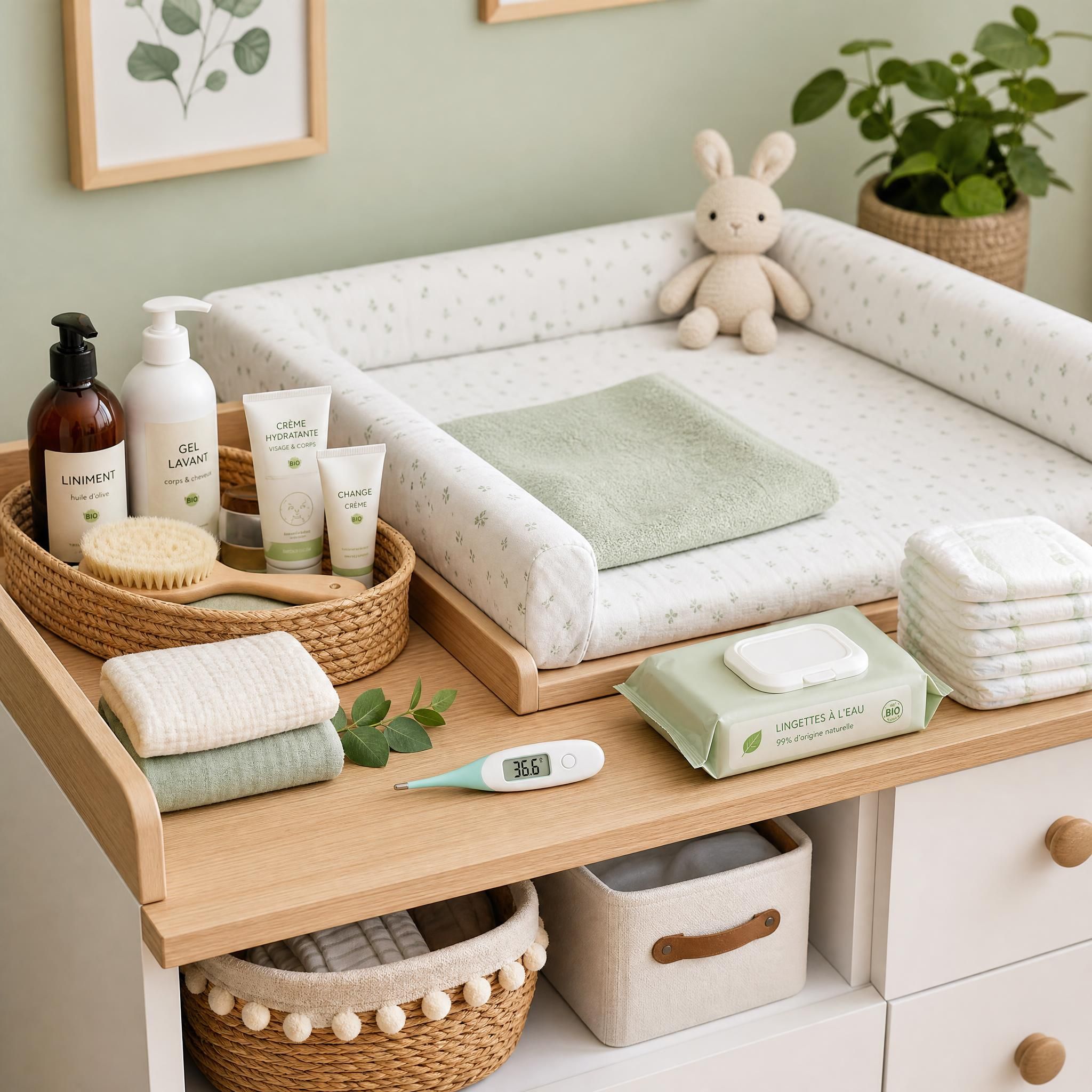 Table à langer bien organisée avec produits d'hygiène bébé naturels, thermomètre, couches et lingettes