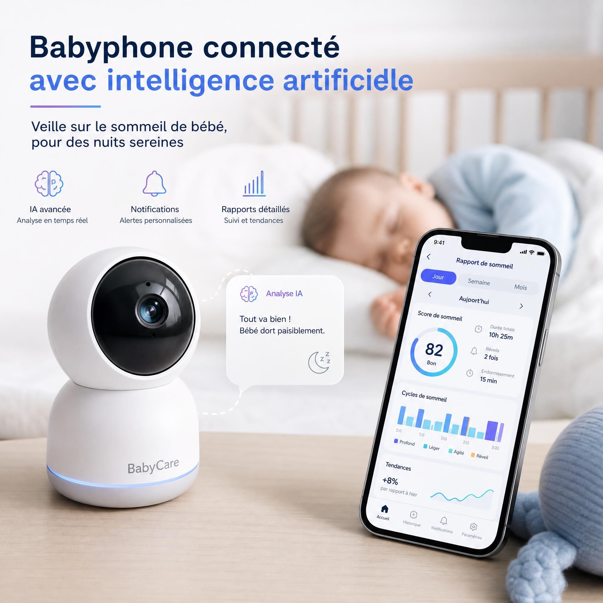 Babyphone connecté avec intelligence artificielle affichant des données de sommeil sur smartphone – innovation puériculture