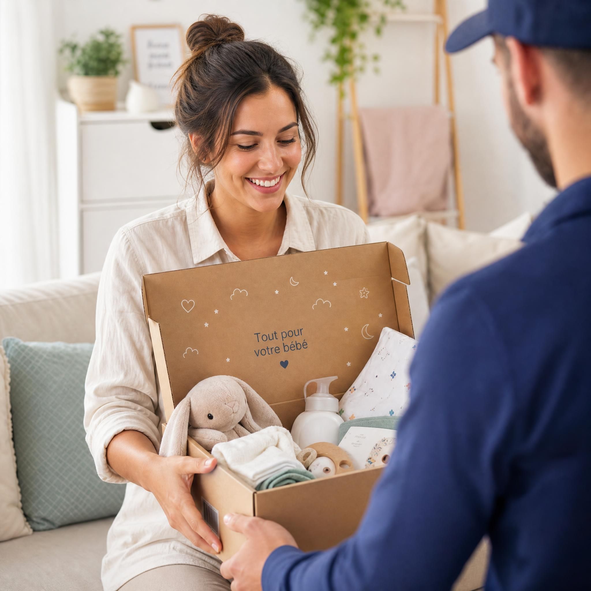 Mère heureuse recevant un colis de produits bébé commandés en ligne – vente en ligne puériculture